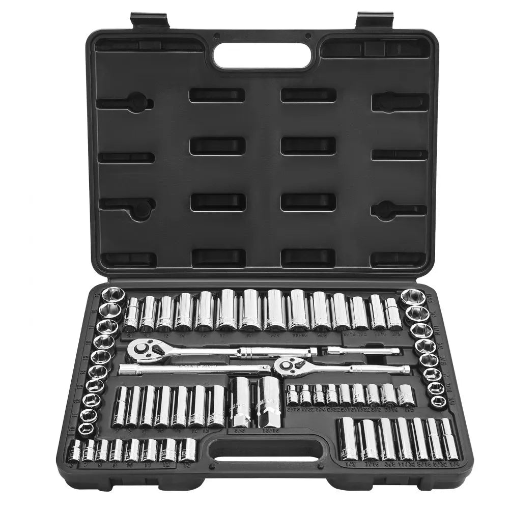 VEVOR 69-Piece Socket Set, 1/4" & 3/8" Drive SAE & Metric Ratchet Wrench Set with Case