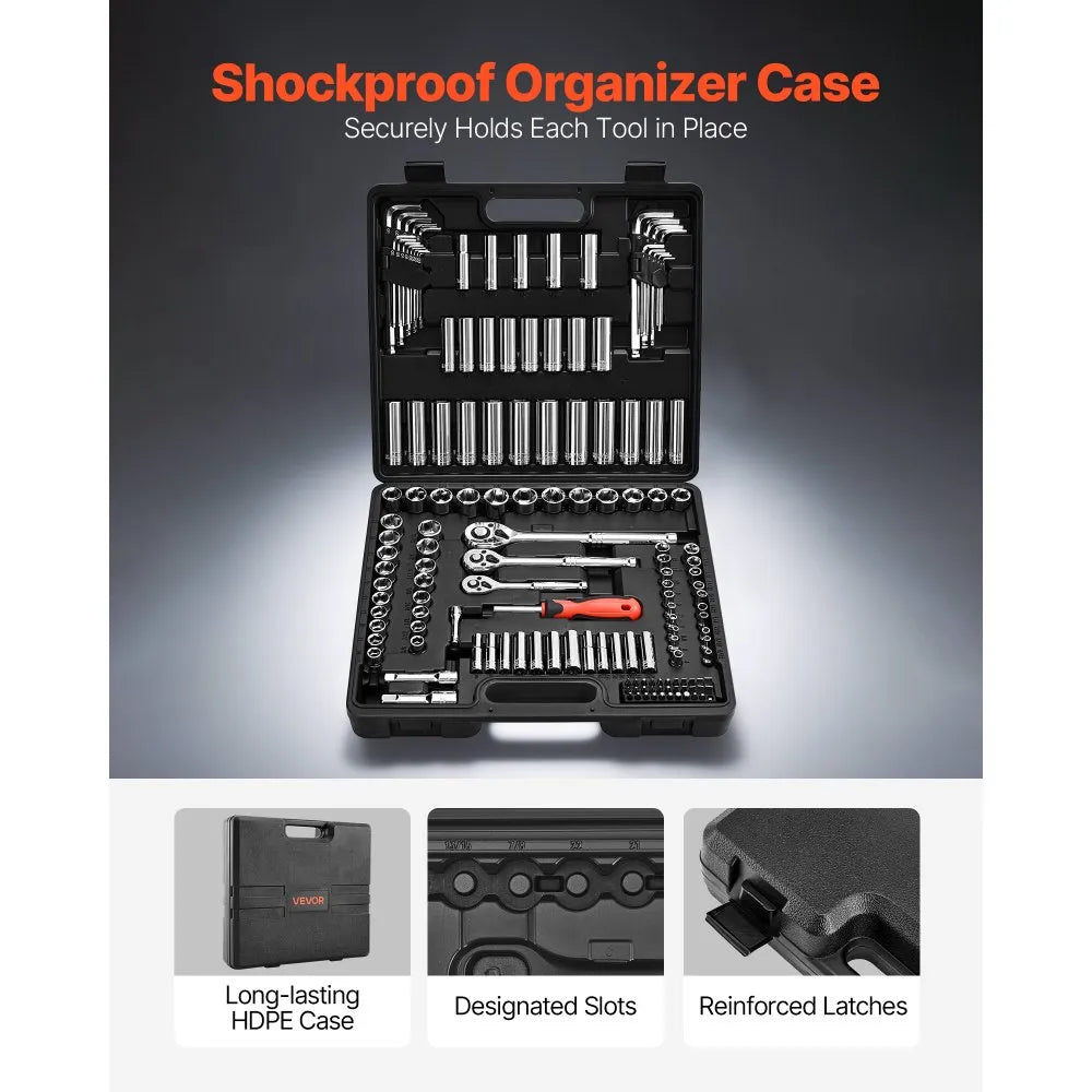 VEVOR 149-Piece Socket Set, 1/4", 3/8" & 1/2" Drive SAE & Metric Ratchet Tool Kit with Storage Case