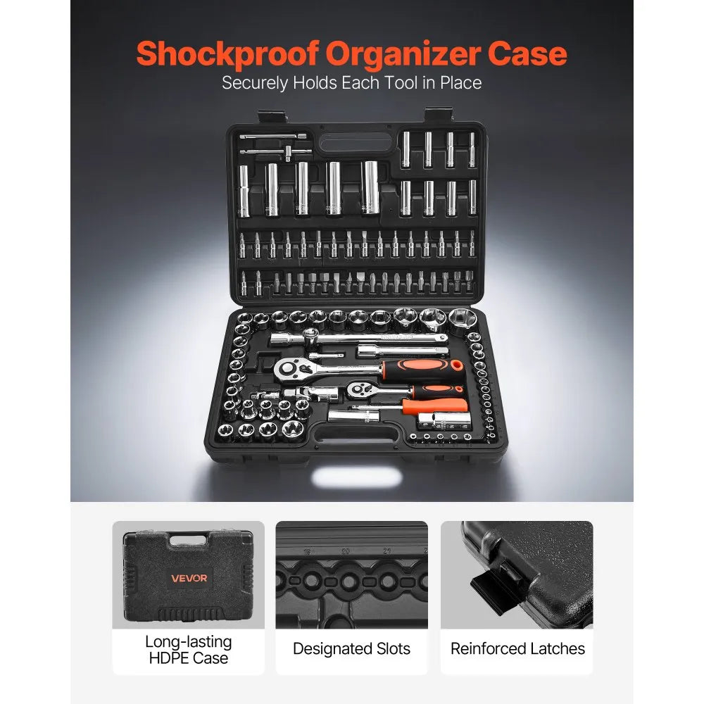 VEVOR 108-Piece Socket Set, 1/4" & 1/2" Drive Metric Socket and Ratchet Tool Kit, 4–32 mm