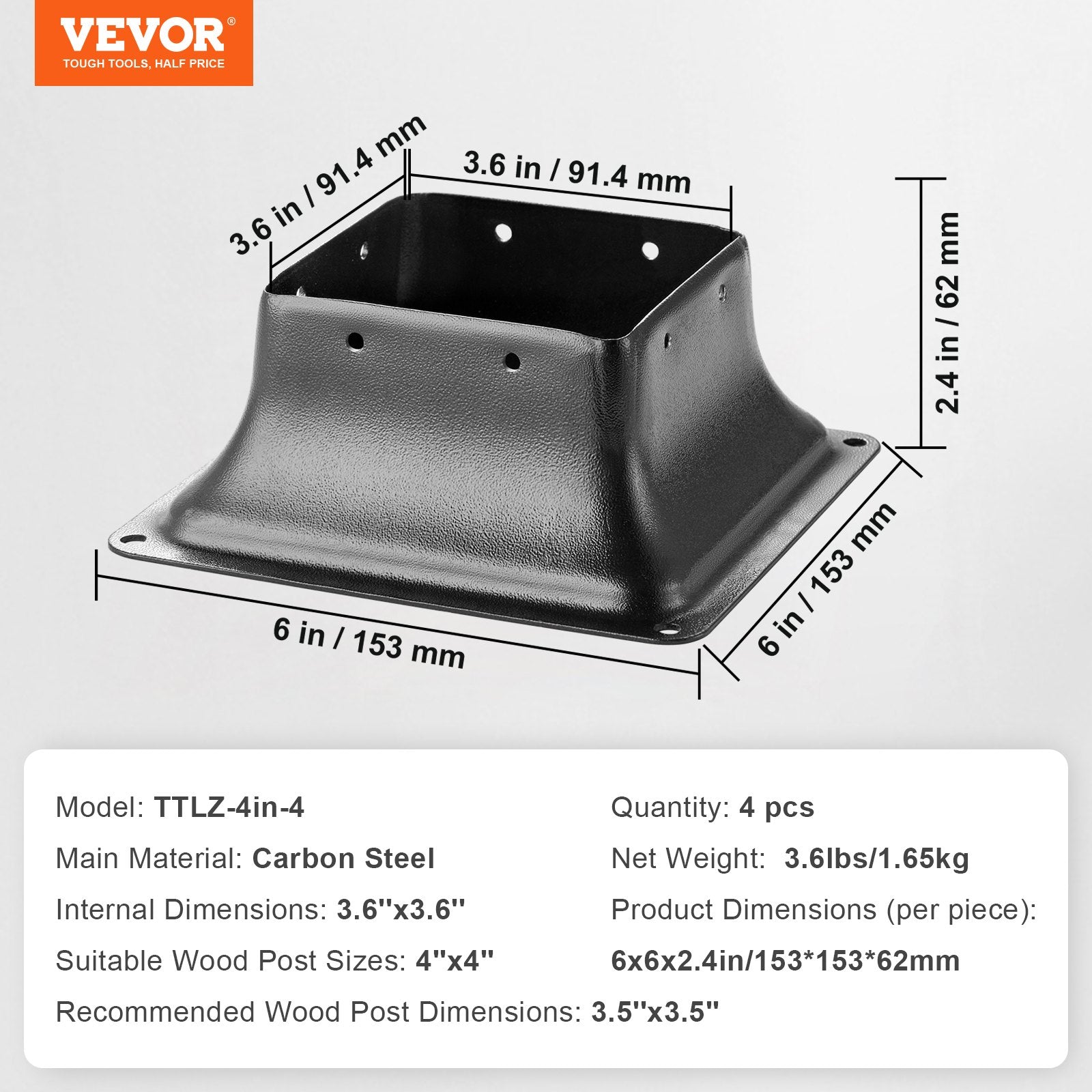 VEVOR 4x4 Post Base 4Pcs, Internal 3.6"x3.6" Heavy Duty Powder-Coated Steel Post Bracket Fit for Standard Wood Post Anchor, Decking Post Base for Deck Porch Handrail Railing Support
