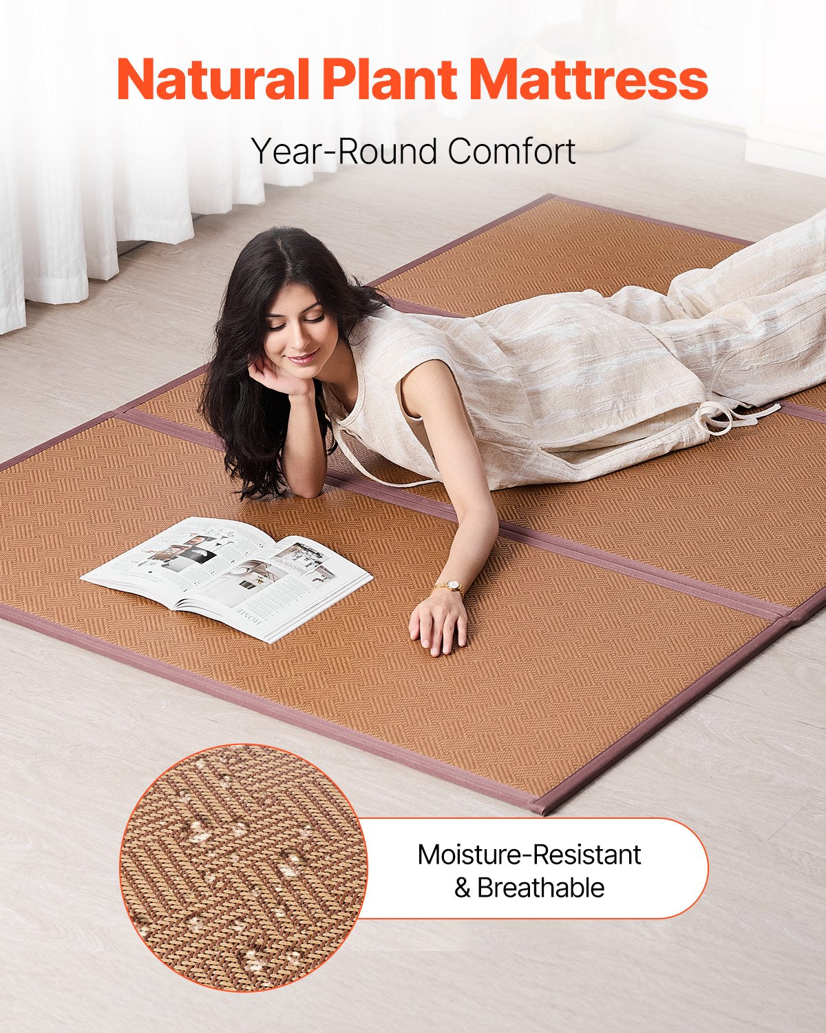 VEVOR Japanese Tatami Mat 80 x 55 in Foldable Natural Rattan Tatami Mattress