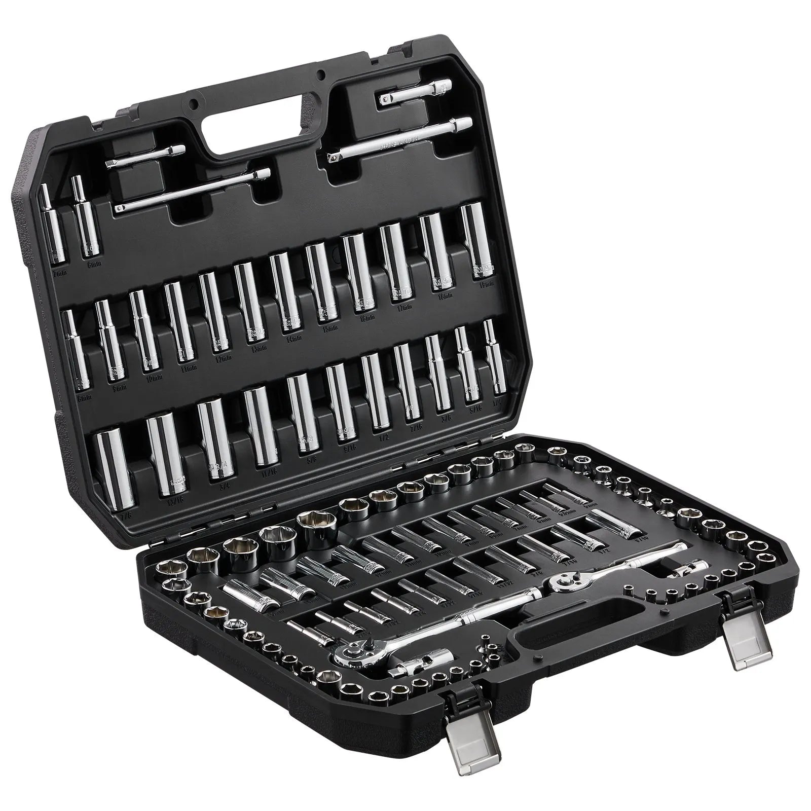 VEVOR Socket Set, 1/4" and 3/8" Drive Socket and Ratchet Set, 6-Point Socket Opening, 106 Pcs Tool Set SAE and Metric, Deep and Standard Sockets, 5/32-1 in, 5-19 mm, with Accessories, Storage Case