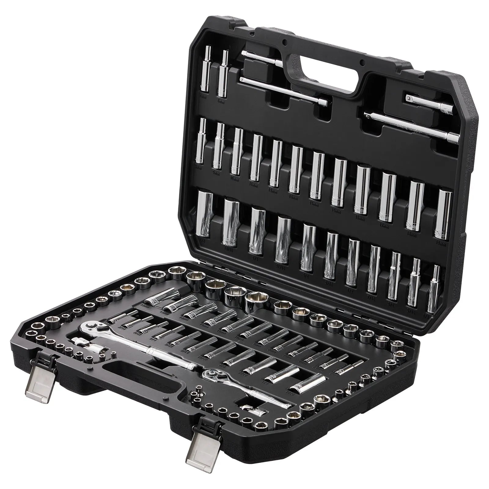 VEVOR Socket Set, 1/4" and 3/8" Drive Socket and Ratchet Set, 6-Point Socket Opening, 106 Pcs Tool Set SAE and Metric, Deep and Standard Sockets, 5/32-1 in, 5-19 mm, with Accessories, Storage Case
