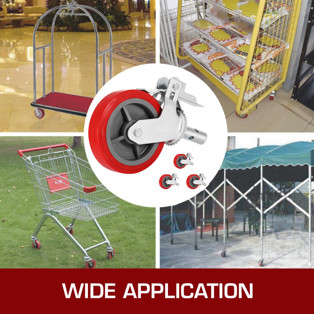 VEVOR Scaffolding Wheels Set of 4, 8\" - Scaffolding Casters Heavy Duty, 3200 Lbs Per Set - Locking Stem Casters with Brake, Red Polyurethane - Replacement for Scaffold, Shelves, Workbench