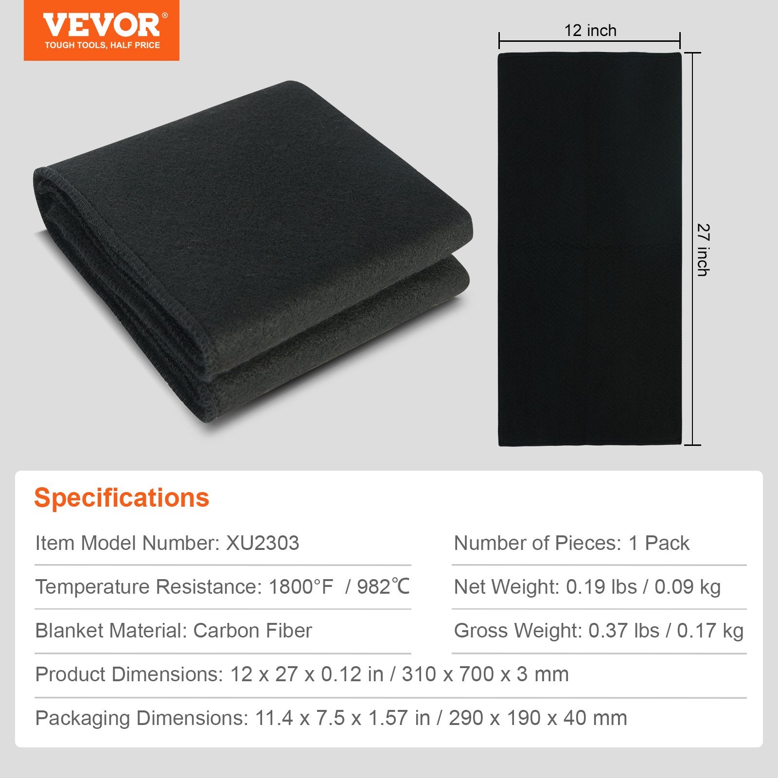 VEVOR Carbon Felt Welding Blanket, 27" x 12" Flame Retardant Welding Blankets, Up To 1800°F Heat Resistant Blanket Set, Cuttable Carbon Fiber Fire Retardant Insulation Welding Mat Pad, 1 Pack
