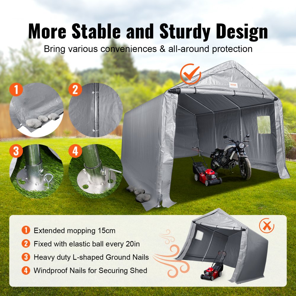 VEVOR Outdoor Portable Storage Shelter Shed, 10x15x8ft Heavy Duty  Instant Garage Tent Canopy Carport with Roll-up Zipper Door and Ventilated Windows For Cars, Motorcycle, Bike, Garden Tools
