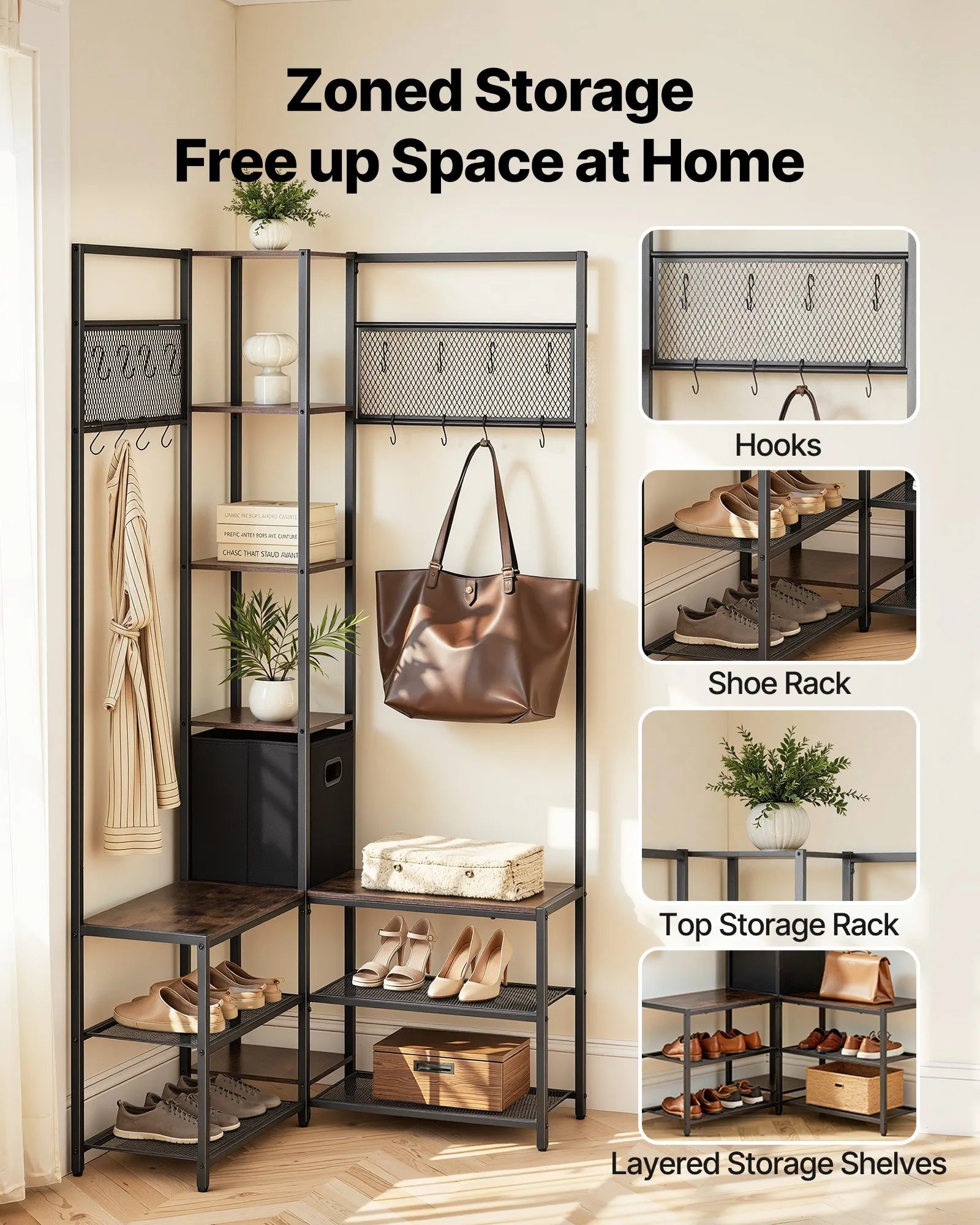 Corner Hall Tree with Shoe Bench, 70.9" Rustic Brown Coat Rack with Hooks & Steel Frame, Entryway Storage Organizer