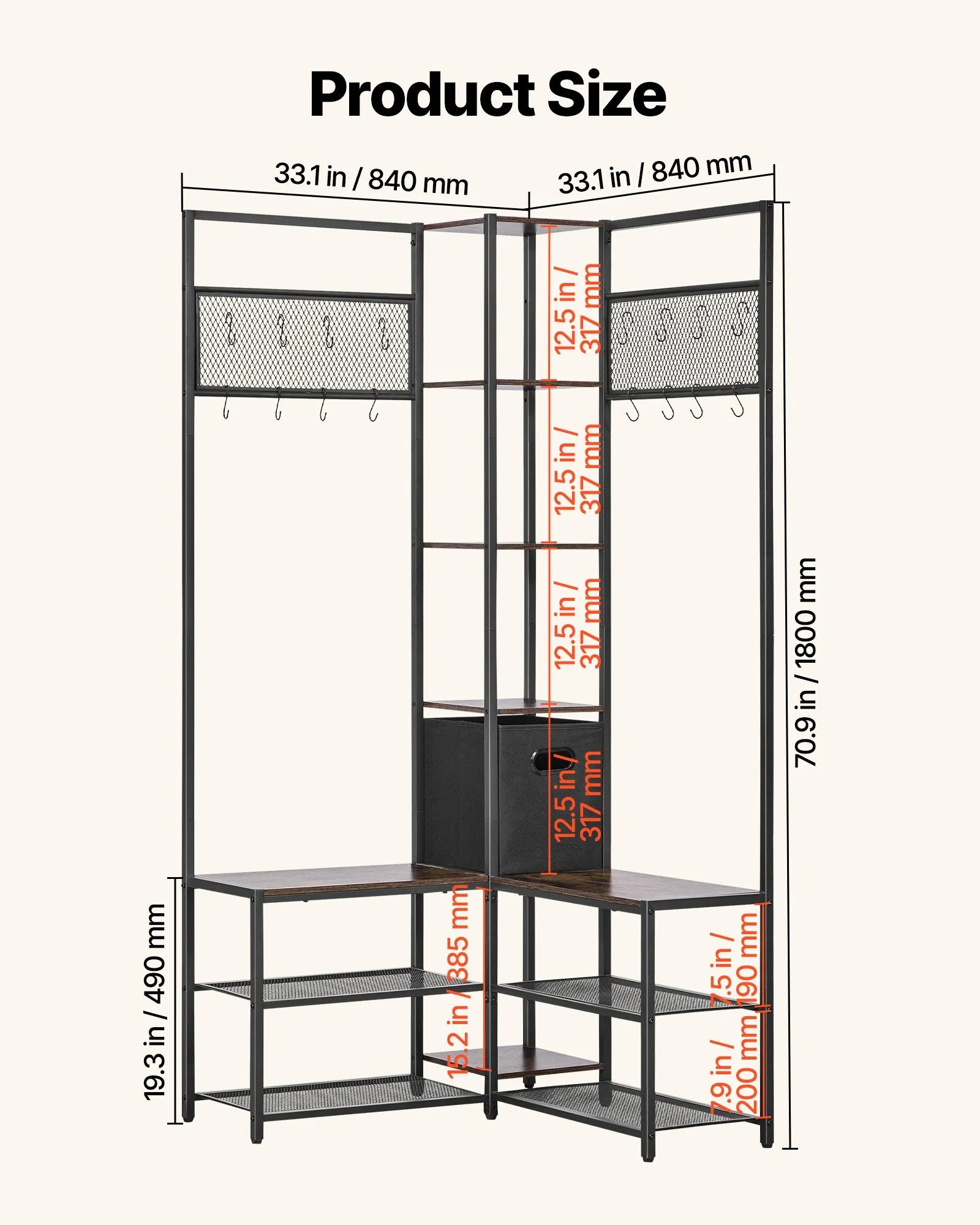 Corner Hall Tree with Shoe Bench, 70.9" Rustic Brown Coat Rack with Hooks & Steel Frame, Entryway Storage Organizer