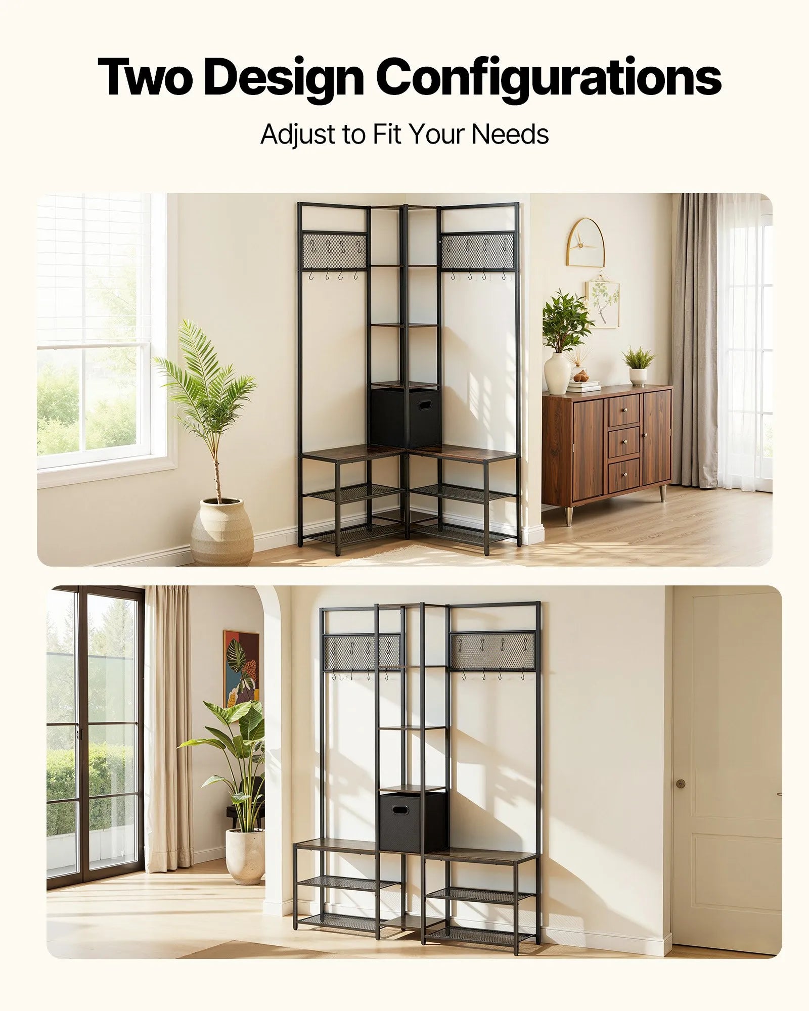 Corner Hall Tree with Shoe Bench, 70.9" Rustic Brown Coat Rack with Hooks & Steel Frame, Entryway Storage Organizer