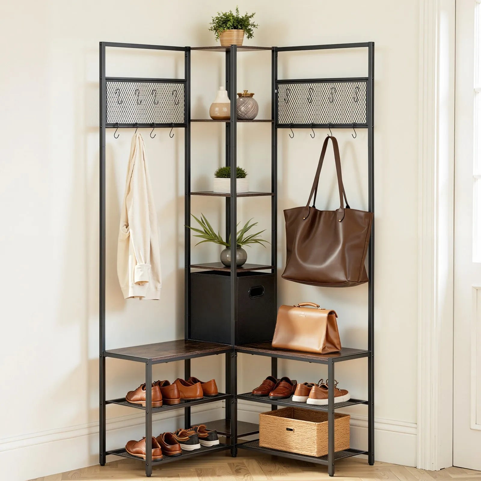 Corner Hall Tree with Shoe Bench, 70.9" Rustic Brown Coat Rack with Hooks & Steel Frame, Entryway Storage Organizer