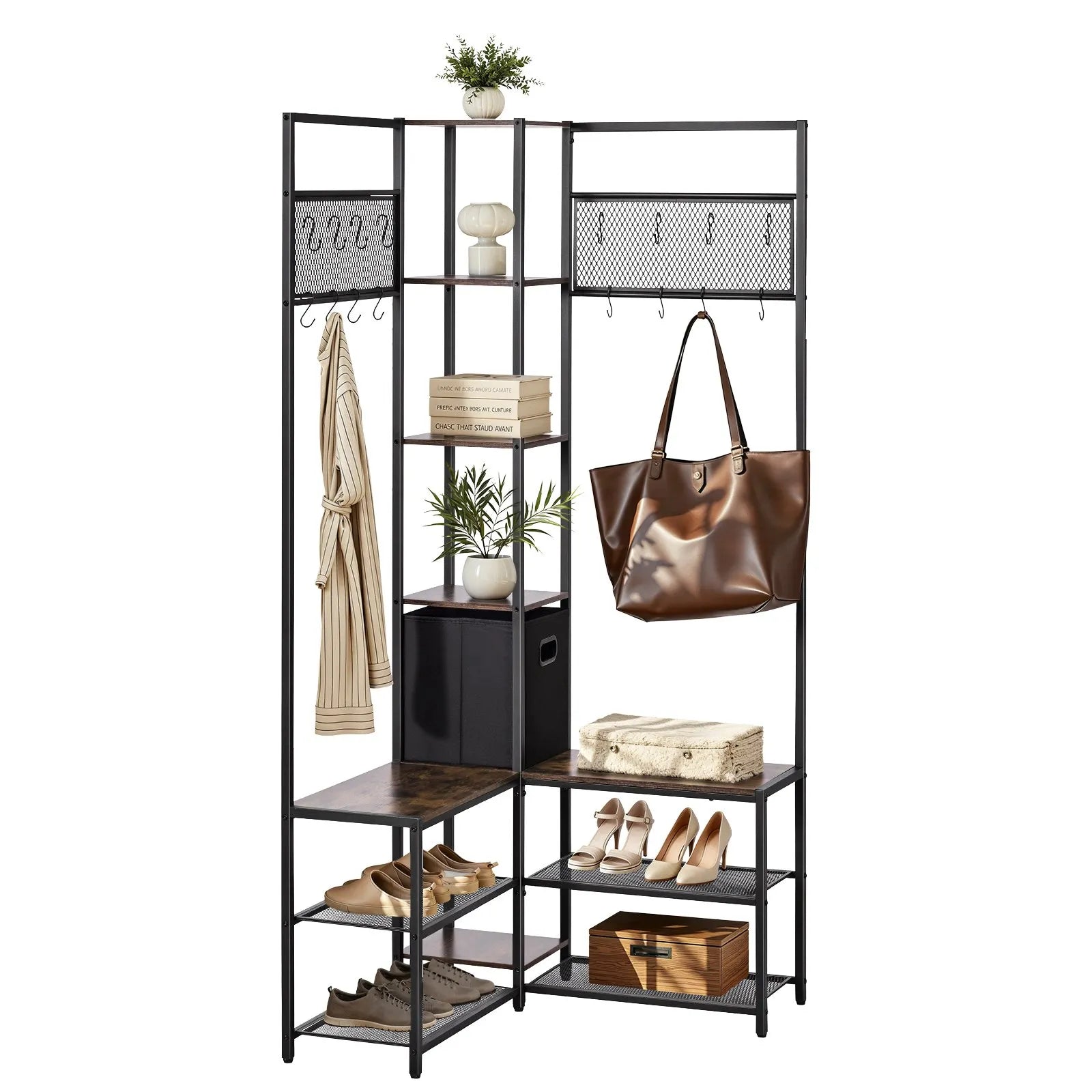 Corner Hall Tree with Shoe Bench, 70.9" Rustic Brown Coat Rack with Hooks & Steel Frame, Entryway Storage Organizer