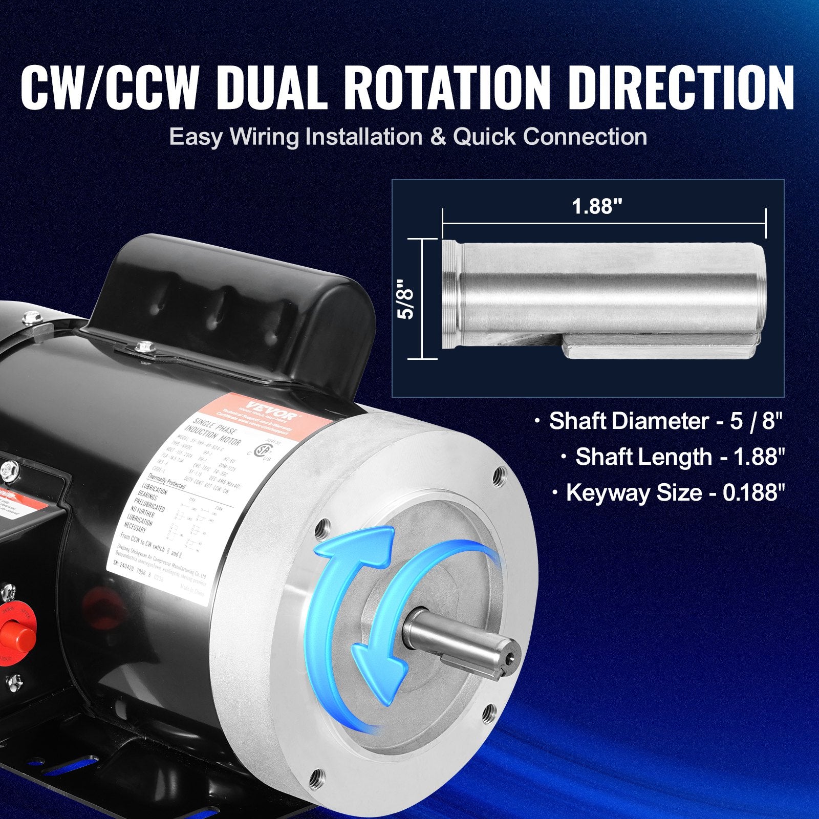 VEVOR 1HP Electric Motor 1725RPM AC115V/230V 56C Frame 1-Phase 5/8" Keyed Shaft