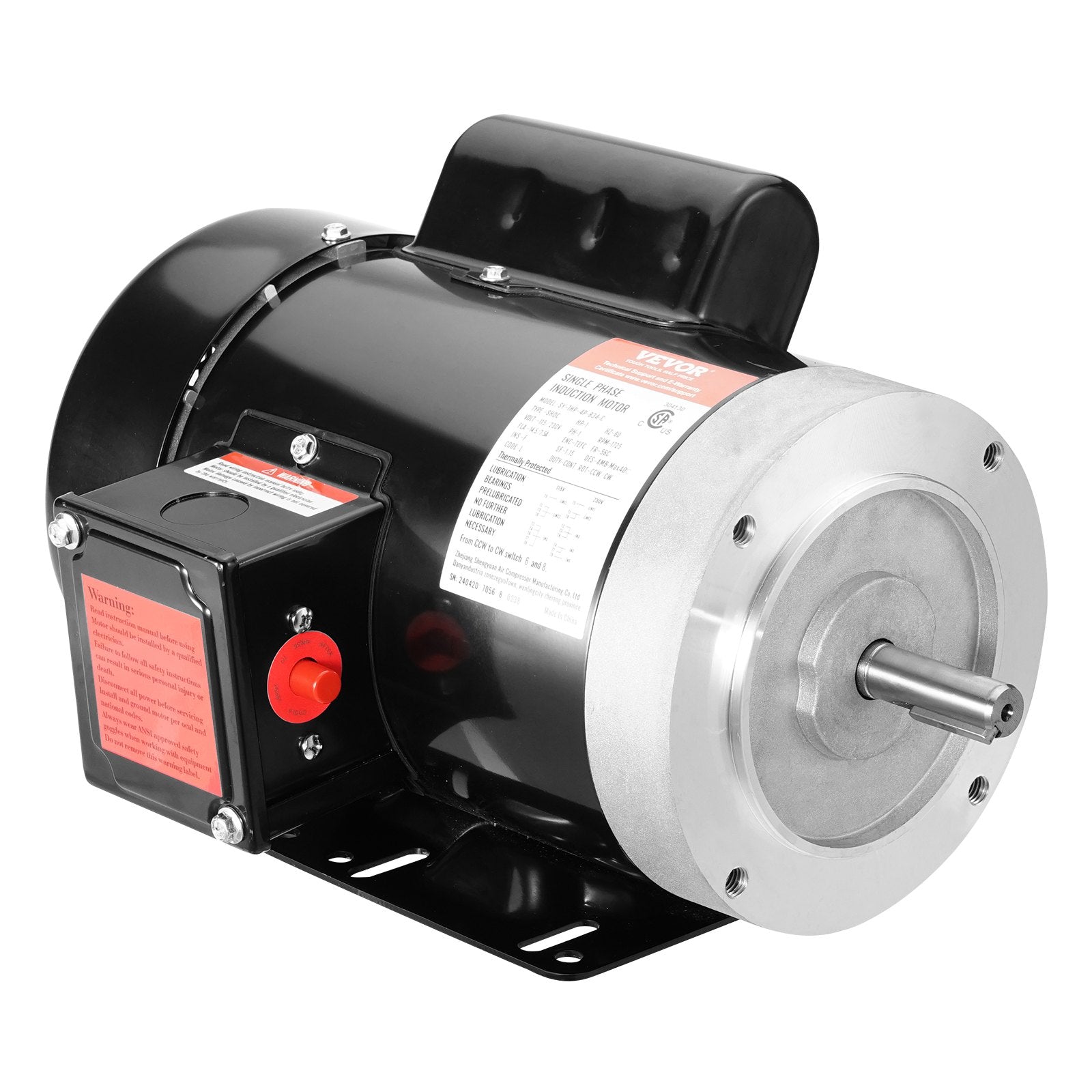 VEVOR 1HP Electric Motor 1725RPM AC115V/230V 56C Frame 1-Phase 5/8" Keyed Shaft