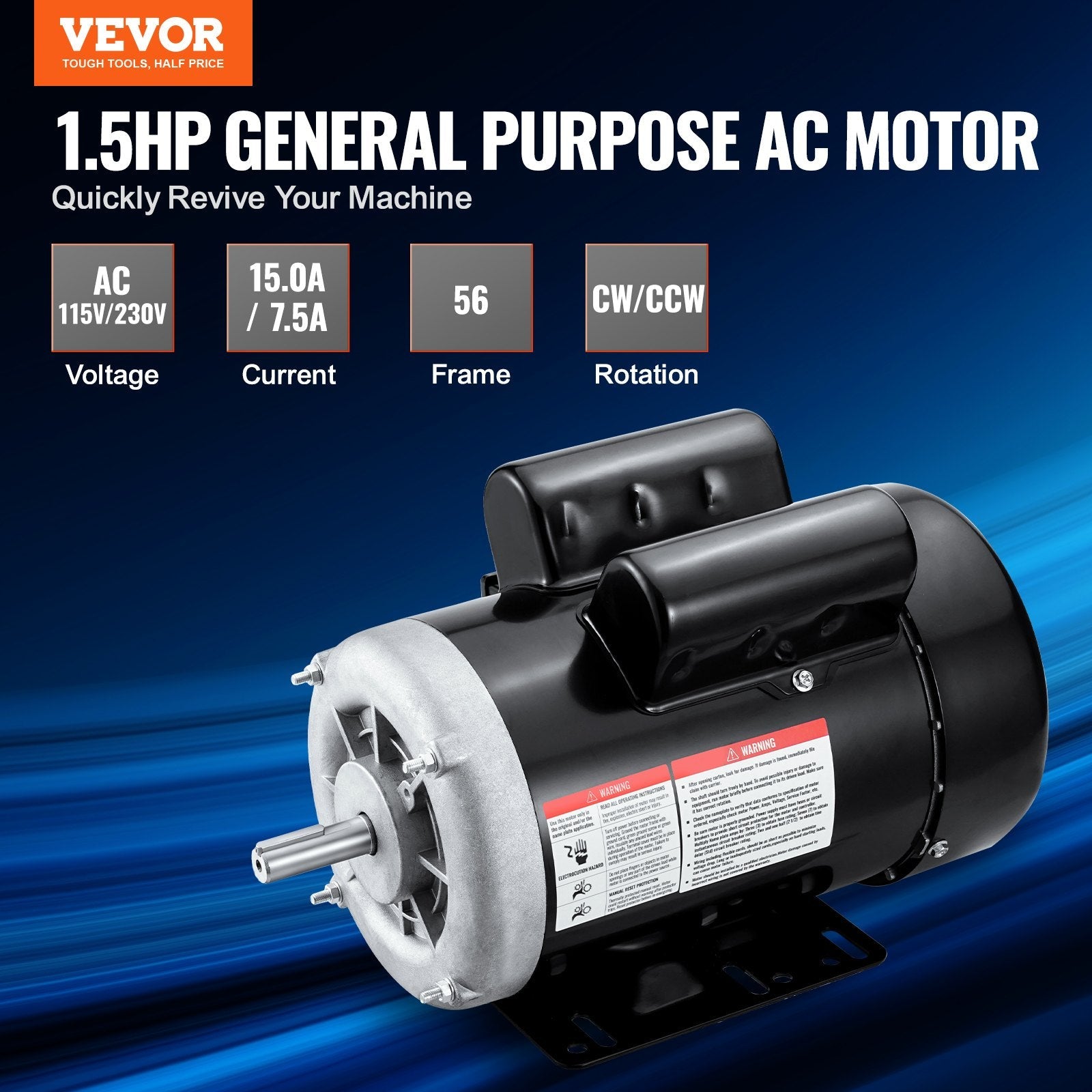 VEVOR 1.5HP Electric Motor 3450RPM AC115V/230V 56 Frame 1-Phase 5/8" Keyed Shaft