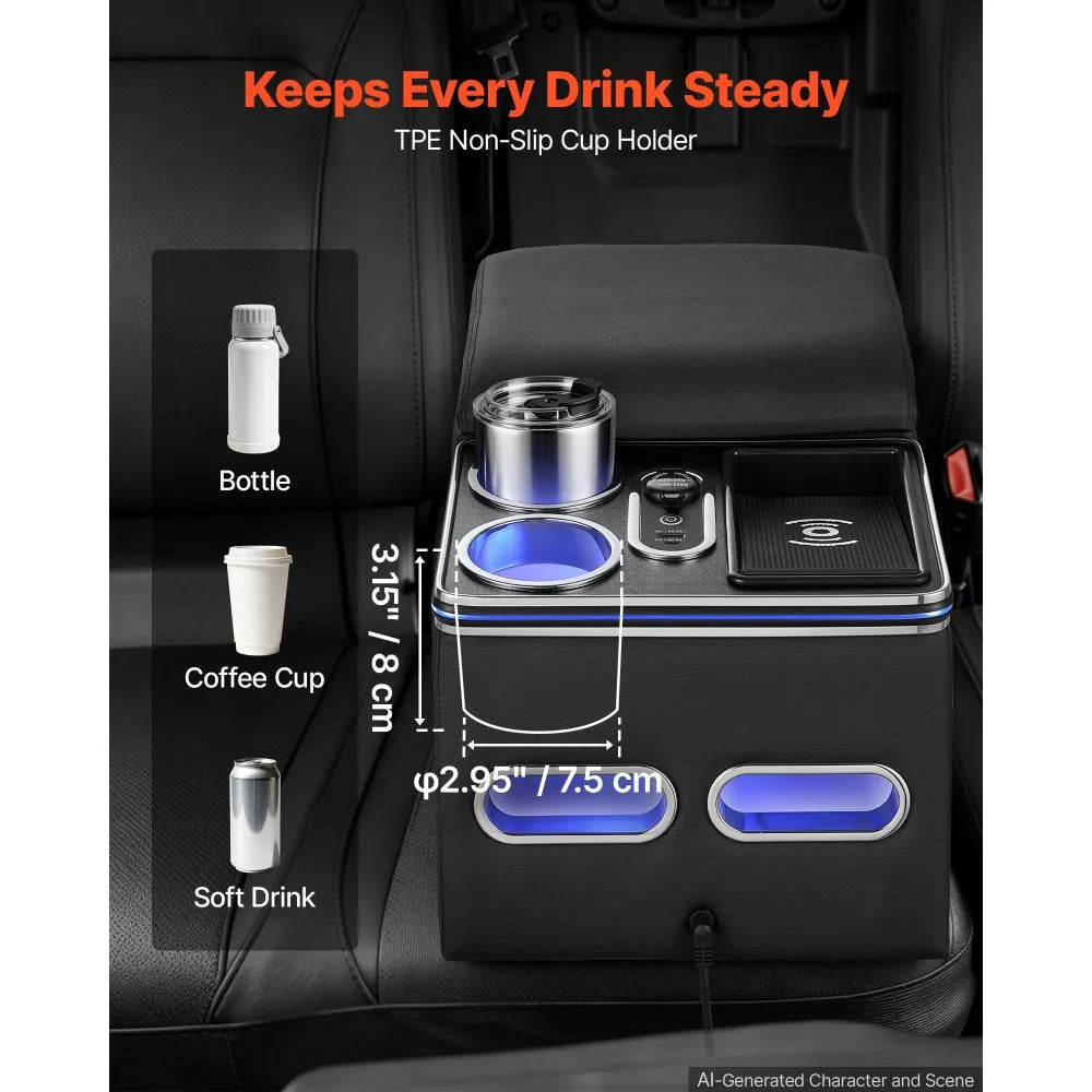 Universal Rear Seat Center Console with 7-Color Ambient Lights, Wireless Charging & Cup Holders