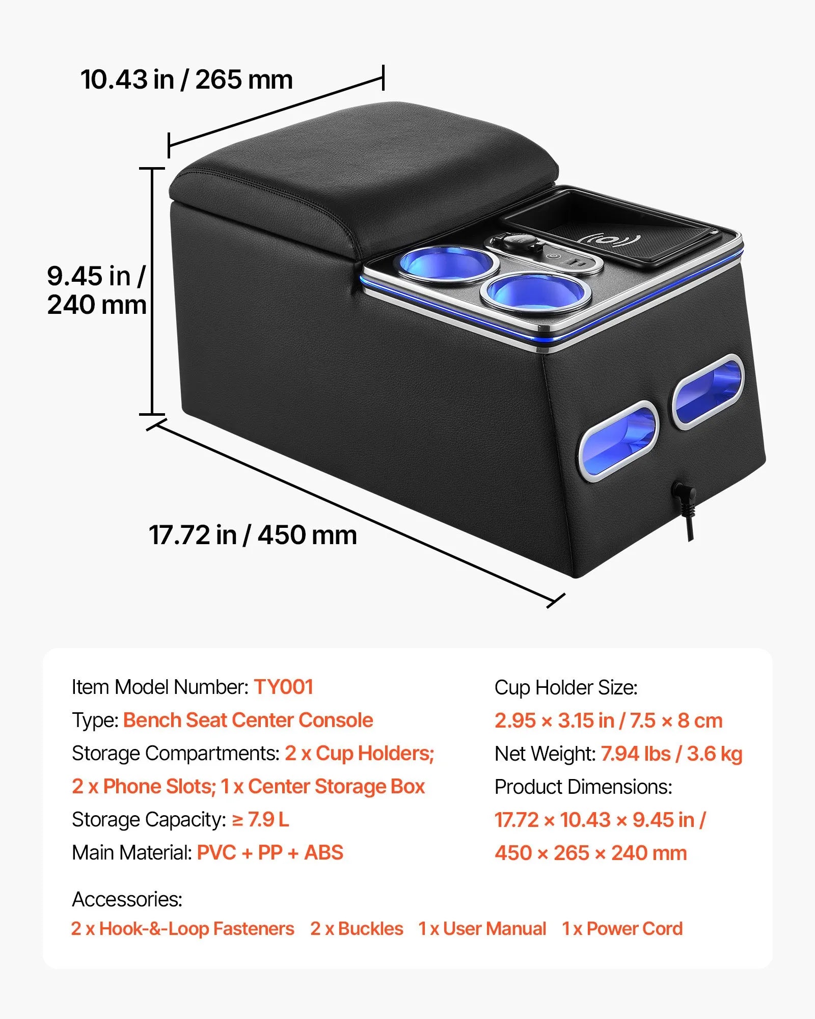 Universal Rear Seat Center Console with 7-Color Ambient Lights, Wireless Charging & Cup Holders