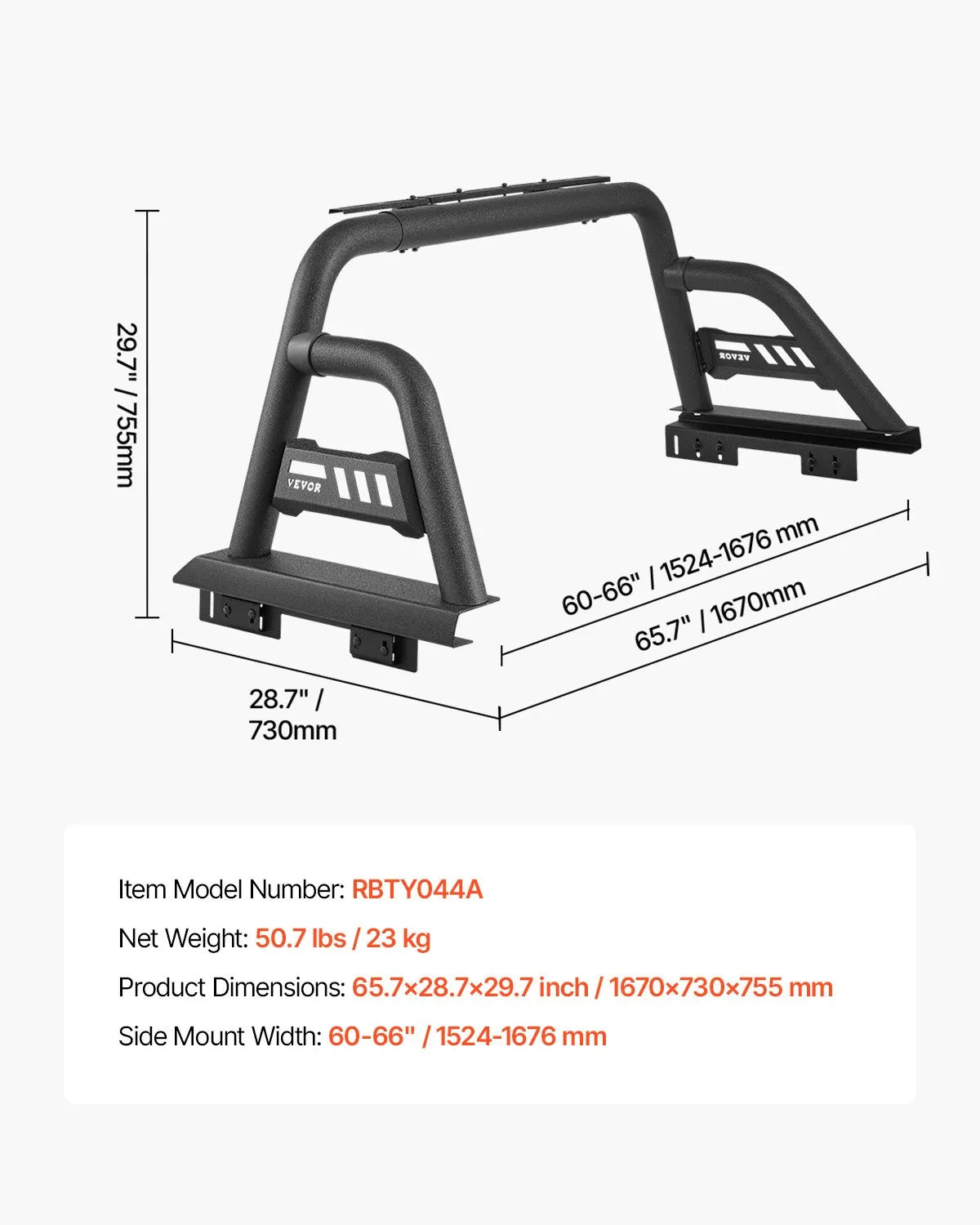 VEVOR Truck Bed Roll Bar Universal Chase Rack for Full-Size Pickup Carbon Steel