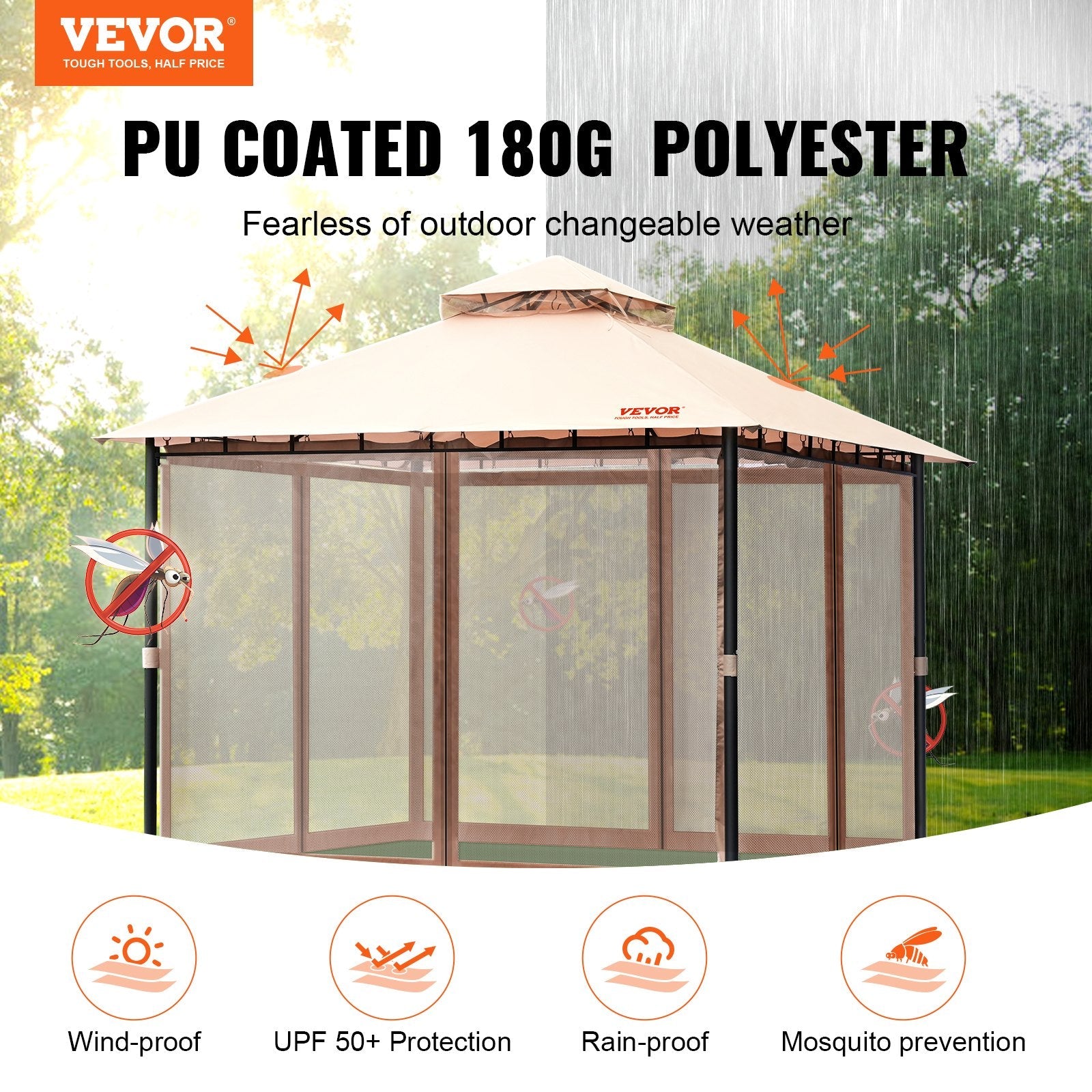 VEVOR Patio Gazebo for 6-8 Person, 10 x 10 FT Backyard Gazebo, with Mosquito Netting, Metal Frame, and PU Coated 180G Polyester, Outdoor Canopy Shelter for Patio, Lawn, Backyard, Deck, Garden