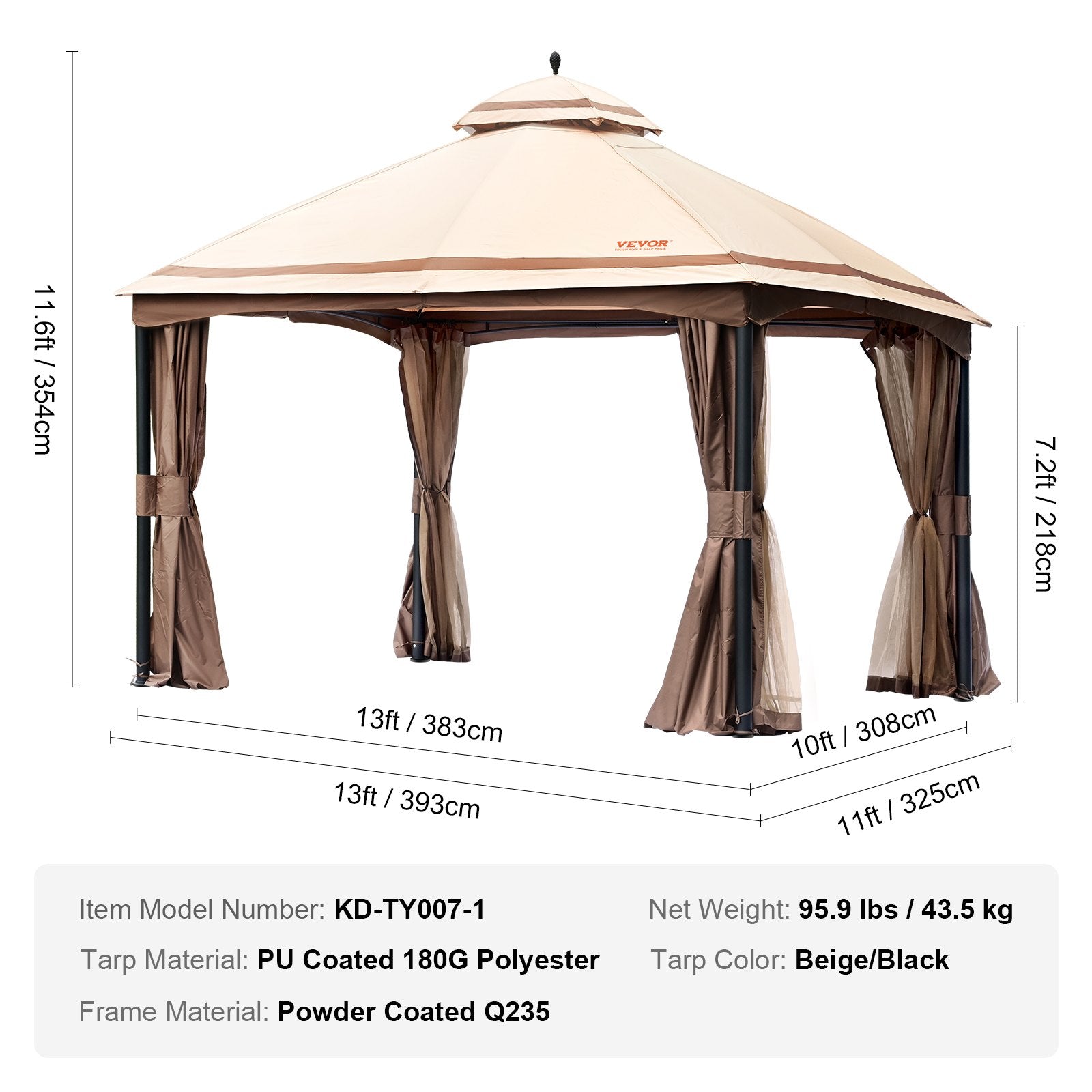 VEVOR Patio Gazebo for 10-12 Person, 10 x 13 FT Backyard Gazebo, with Mosquito Netting, Metal Frame, and PU Coated 180G Polyester, Outdoor Canopy Shelter for Patio, Backyard, Lawn, Garden, Deck