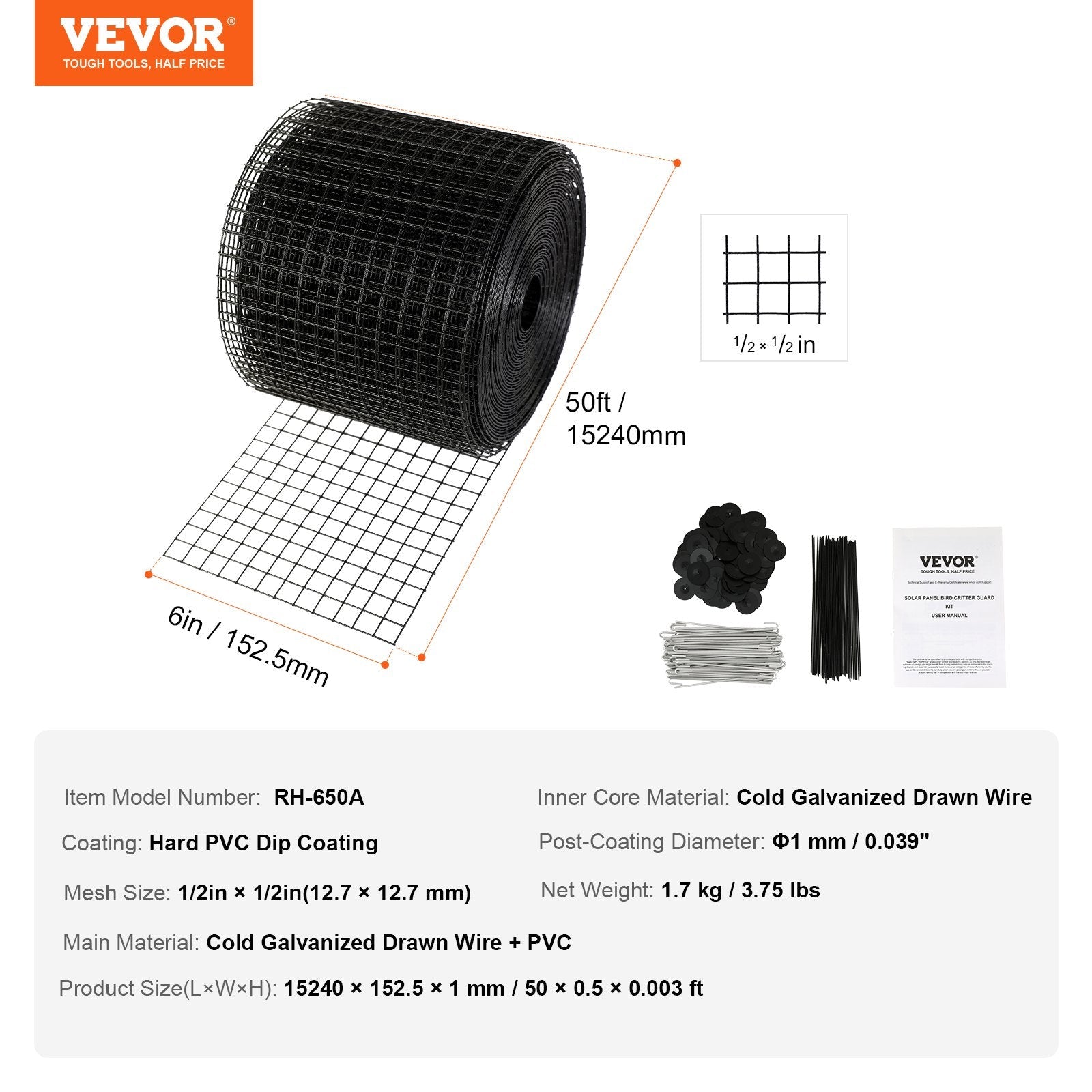 VEVOR 6 inch x 50ft Solar Panel Bird Guard, Critter Guard Roll Kit with 50pcs Stainless Steel Fasteners, Solar Panel Guard with Rust-proof PVC Coating, 1/2 inch Wire Roll Mesh