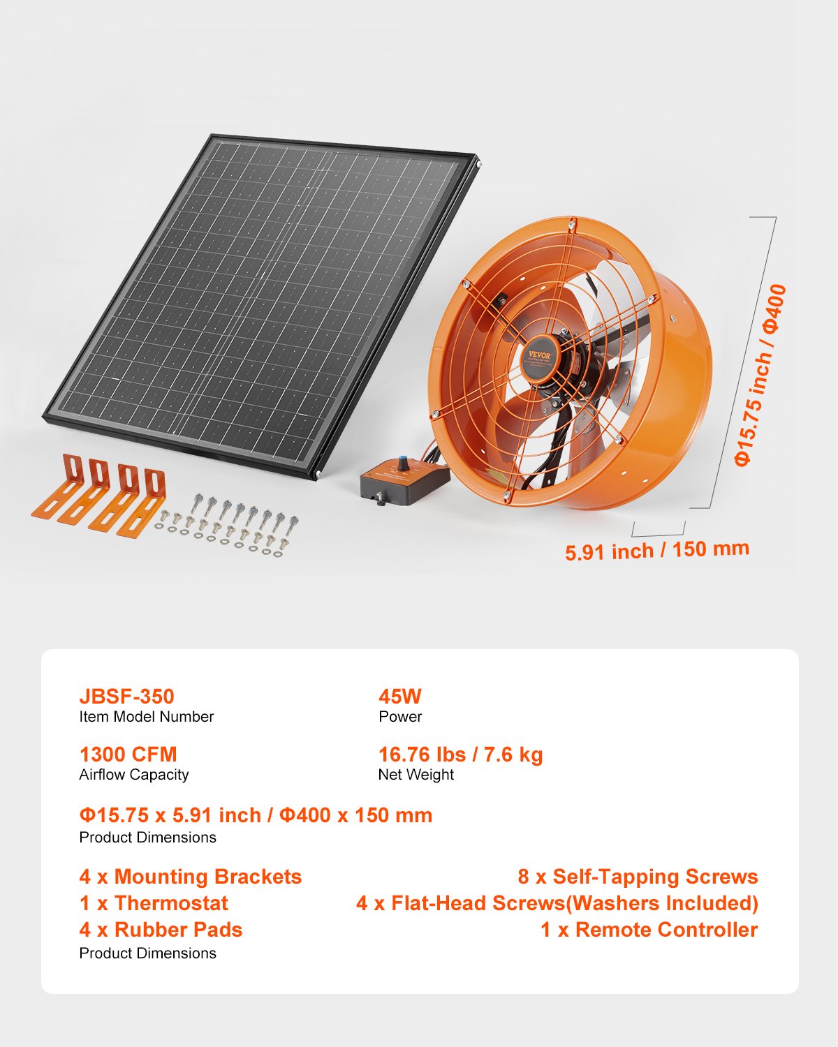 VEVOR 14" Gable Mount Fan 1300 CFM Attic Vent Fan with Adjustable Thermostat