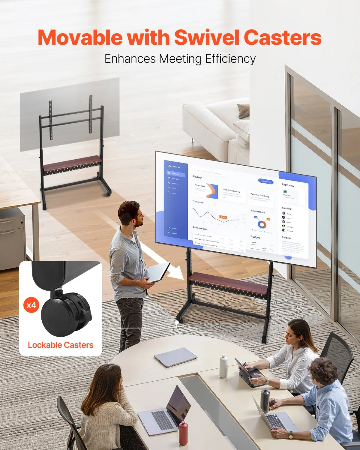 VEVOR Rolling TV Stand Mobile TV Cart Holds Up to 205 lbs for 55-100 Inch TVs