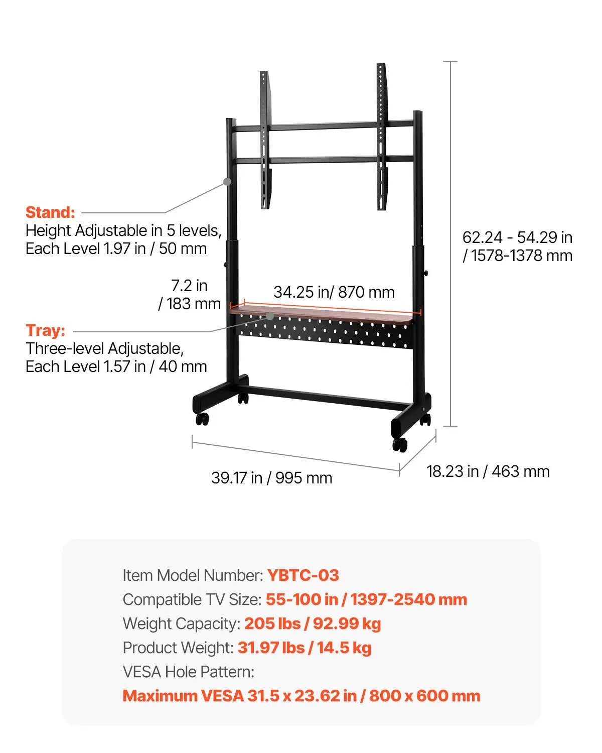 VEVOR Rolling TV Stand Mobile TV Cart Holds Up to 205 lbs for 55-100 Inch TVs