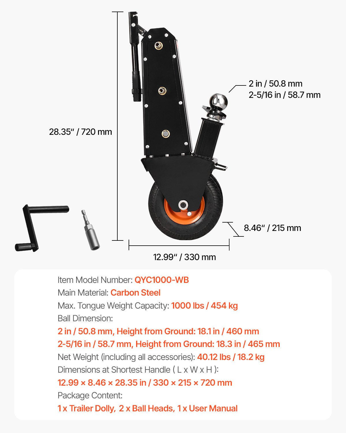300lbs Adjustable Trailer Dolly 16.5 and 22 in Height 1-7/8 and 2 in Balls