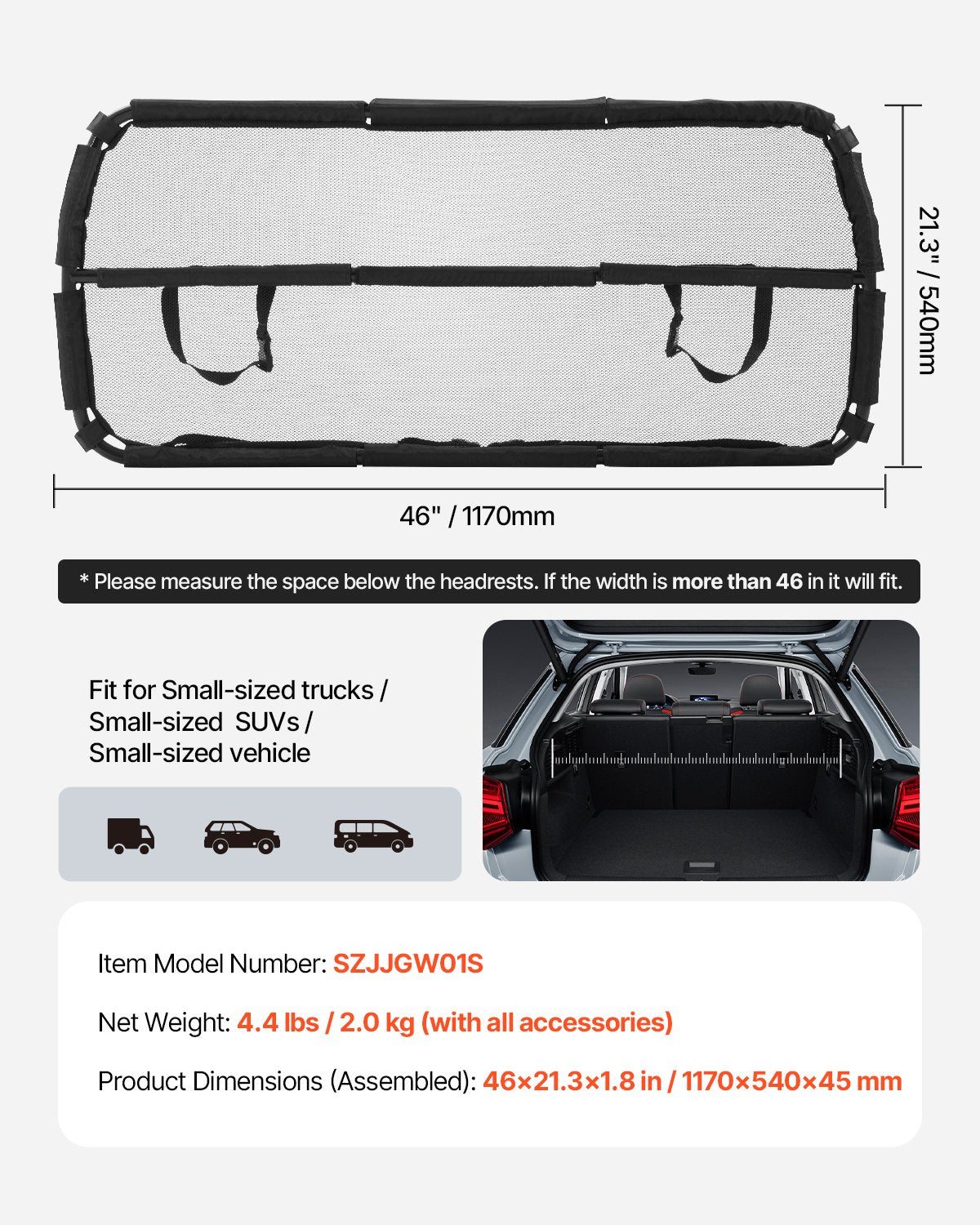 VEVOR Dog Car Barrier 46" Wide Car Divider for Cargo Area Vehicle Pet Barrier