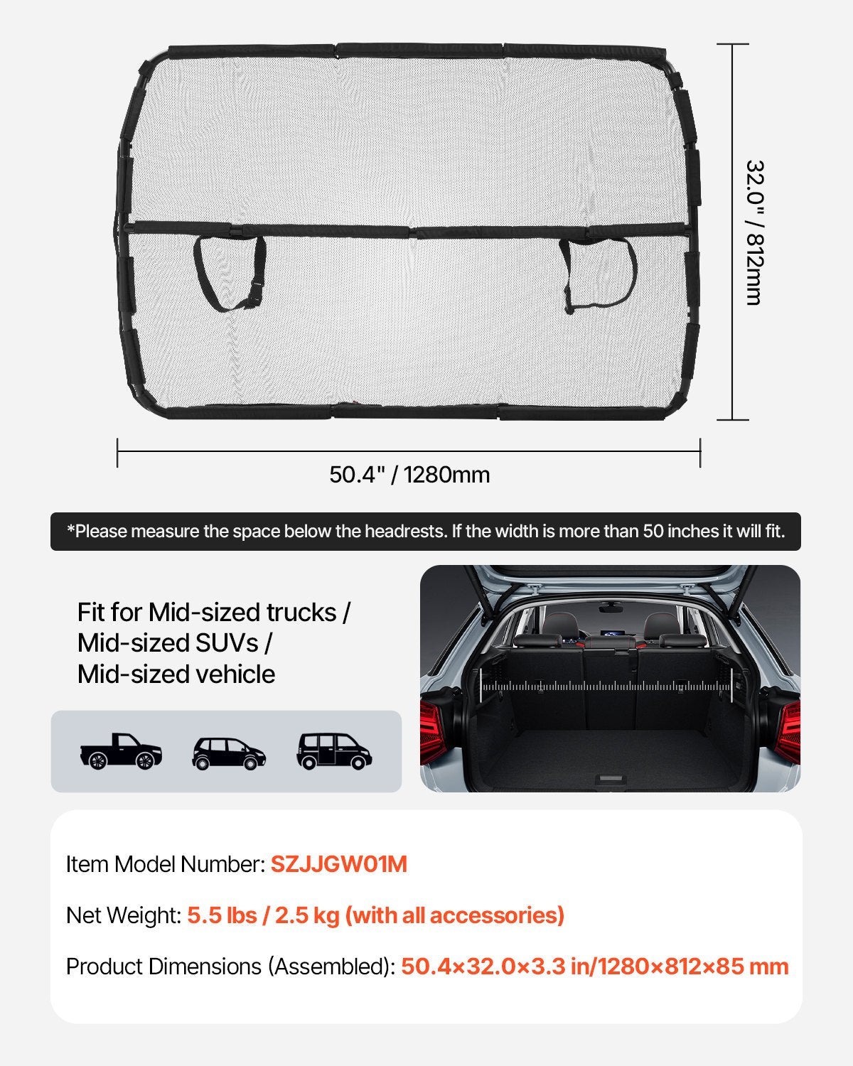 VEVOR Dog Car Barrier 50" Wide Front Seats Installation Car Divider for SUVs