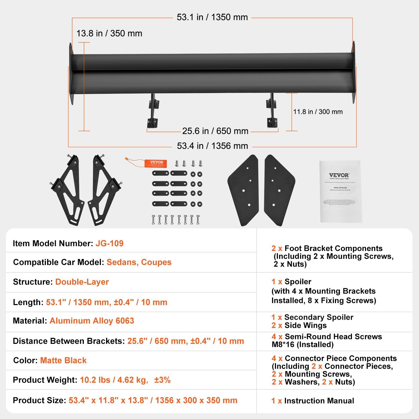 VEVOR GT Wing Car Spoiler, 53.1 inch Universal Spoiler with Double Deck, Adjustable Lightweight Aluminum, Car Rear Spoiler Wing, Racing Spoiler BGW/JDM Drift Black