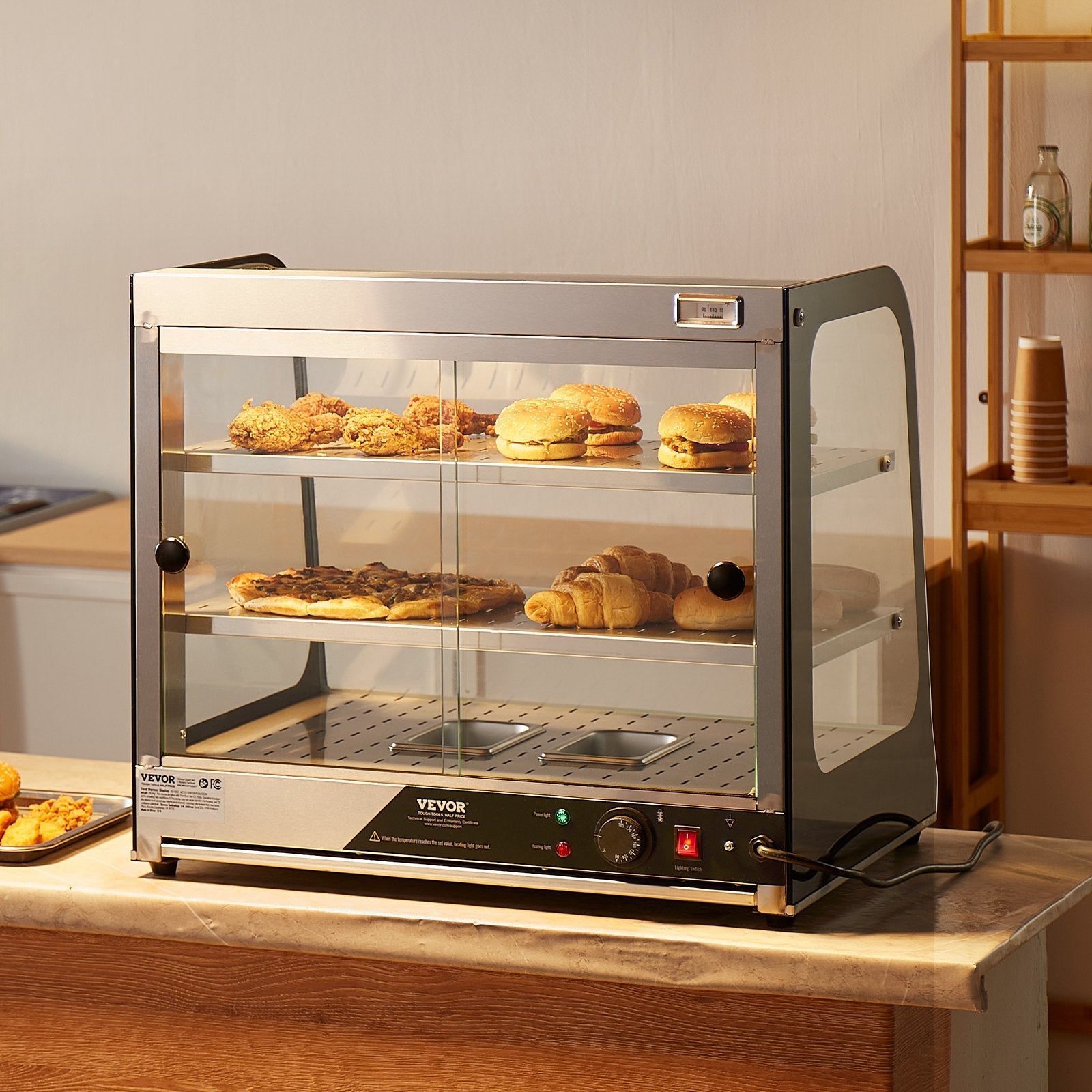 VEVOR 2-Tier Commercial Food Warmer Display Countertop Pizza Cabinet with Tong