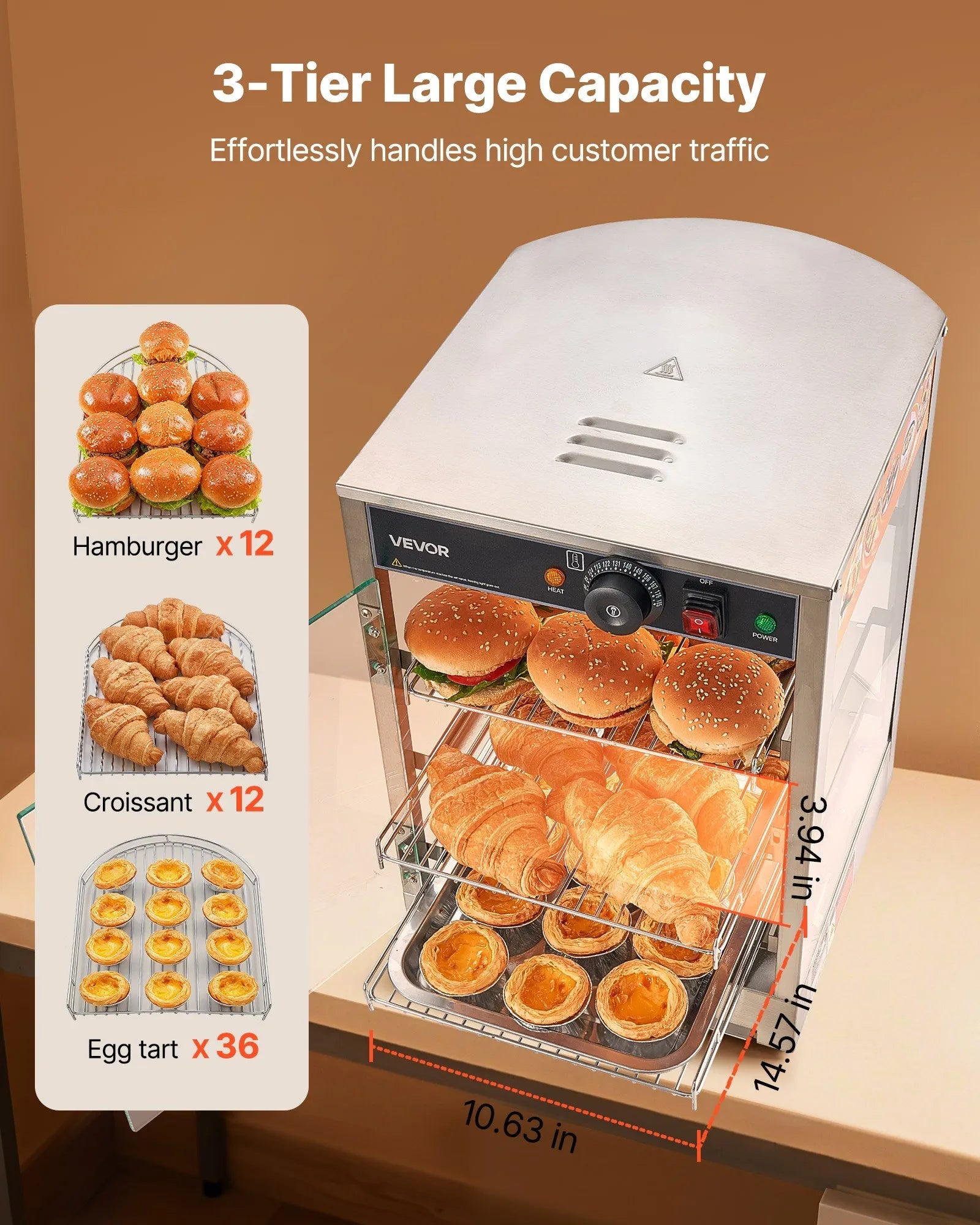 VEVOR 3-Tier Commercial Food Warmer Display, 800W Food Display Warmer with LED Light, Adjustable Shelf and Stainless Steel Frame, 86℉~185℉ Air Heating, 60L for Hamburger, Pizza, Bread, Fried Chicken