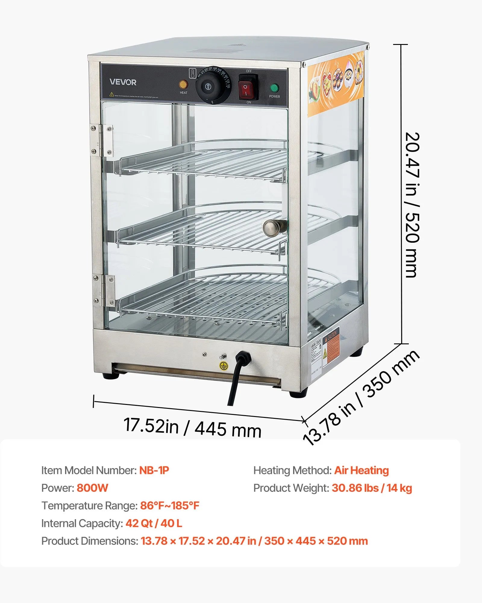VEVOR 3-Tier Commercial Food Warmer Display, 800W Food Display Warmer with LED Light, Adjustable Shelf and Stainless Steel Frame, 86℉~185℉ Air Heating, 60L for Hamburger, Pizza, Bread, Fried Chicken