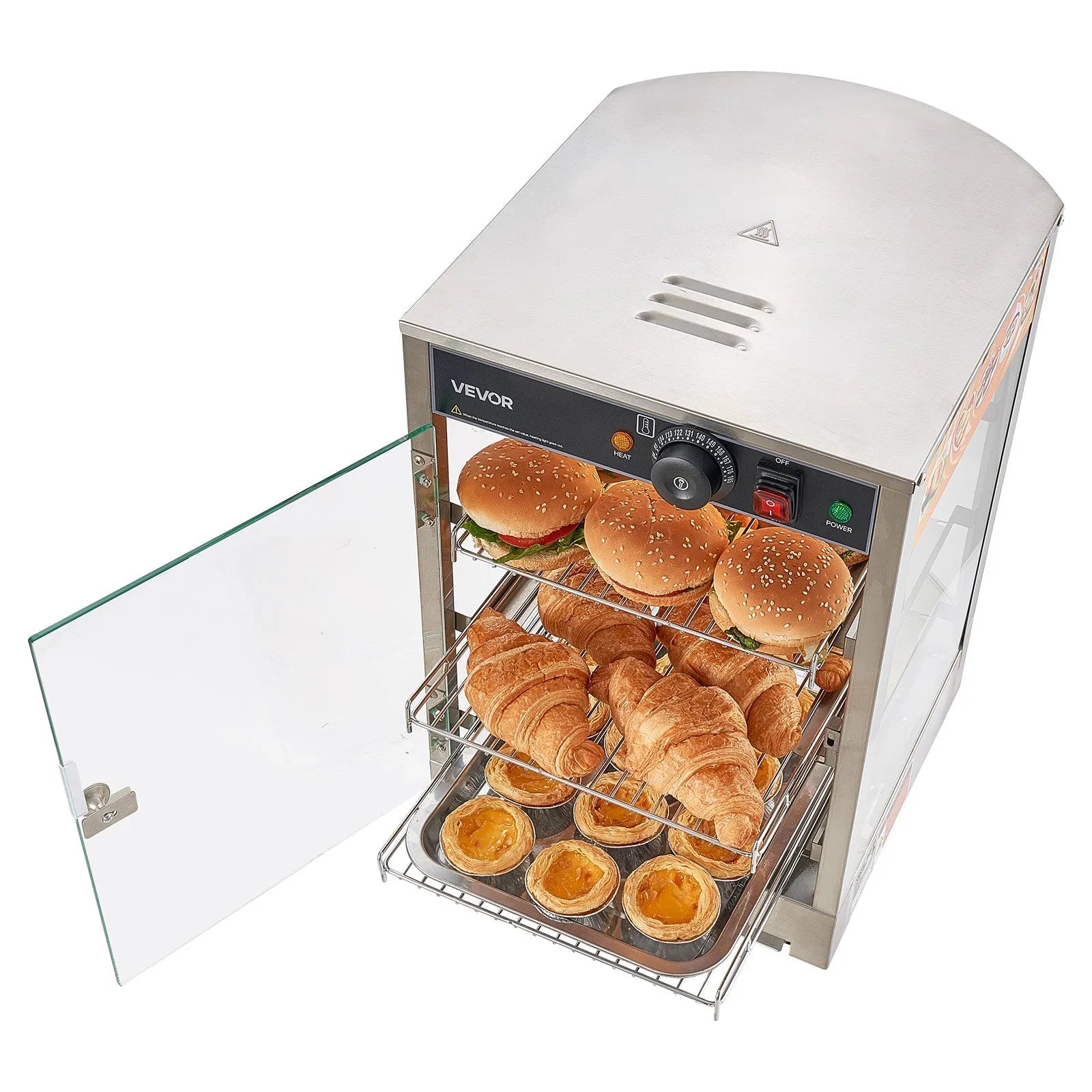 VEVOR 3-Tier Commercial Food Warmer Display, 800W Food Display Warmer with LED Light, Adjustable Shelf and Stainless Steel Frame, 86℉~185℉ Air Heating, 60L for Hamburger, Pizza, Bread, Fried Chicken