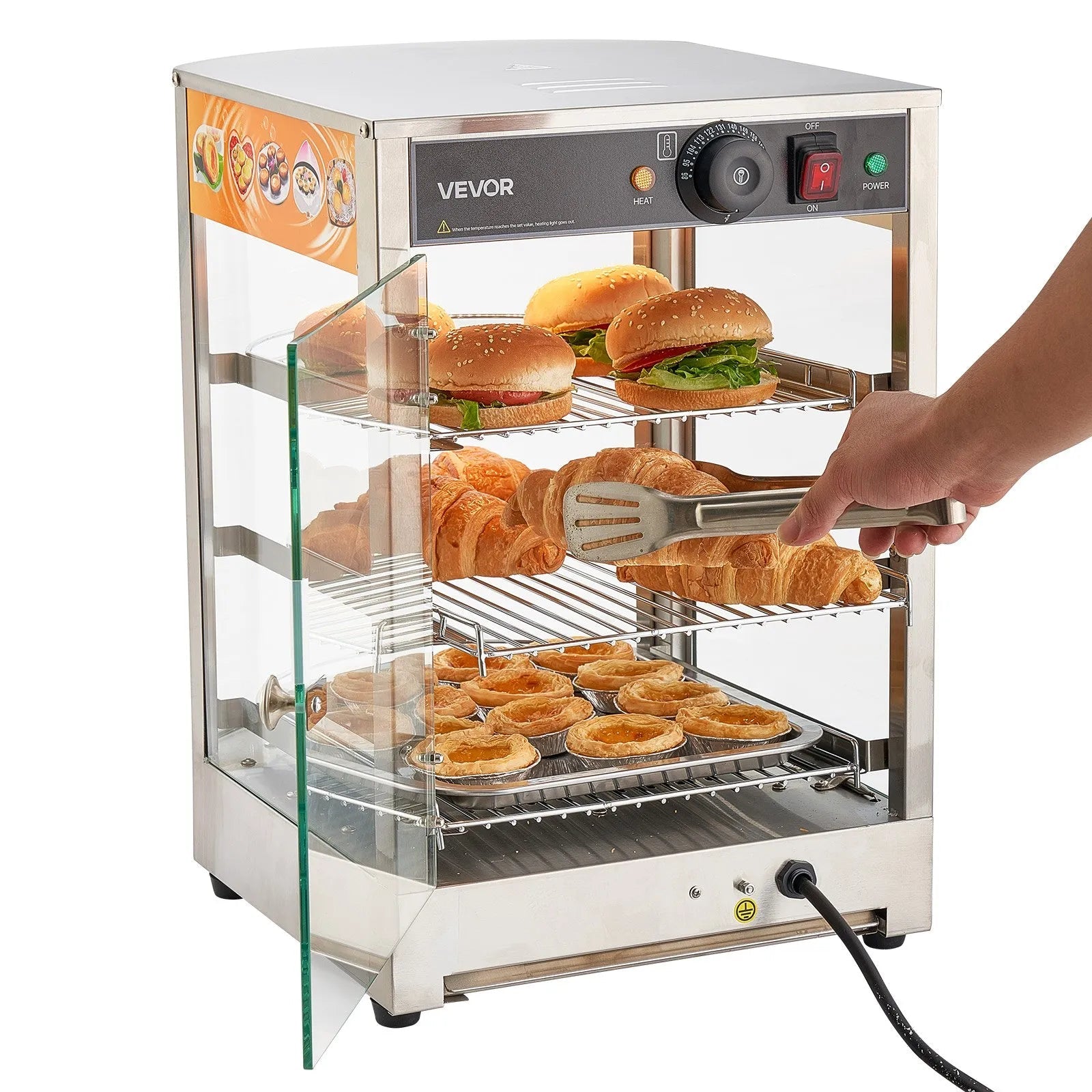 VEVOR 3-Tier Commercial Food Warmer Display, 800W Food Display Warmer with LED Light, Adjustable Shelf and Stainless Steel Frame, 86℉~185℉ Air Heating, 60L for Hamburger, Pizza, Bread, Fried Chicken
