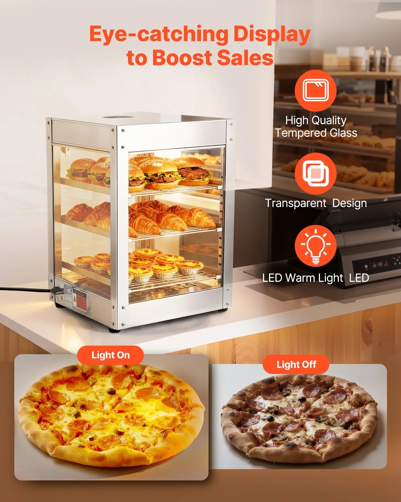 VEVOR 3-Tier Commercial Food Warmer Display, 800W Food Display Warmer with LED Light, Adjustable Shelf and Stainless Steel Frame, 86℉~185℉ Air Heating, 34L for Hamburger, Pizza, Bread, Fried Chicken