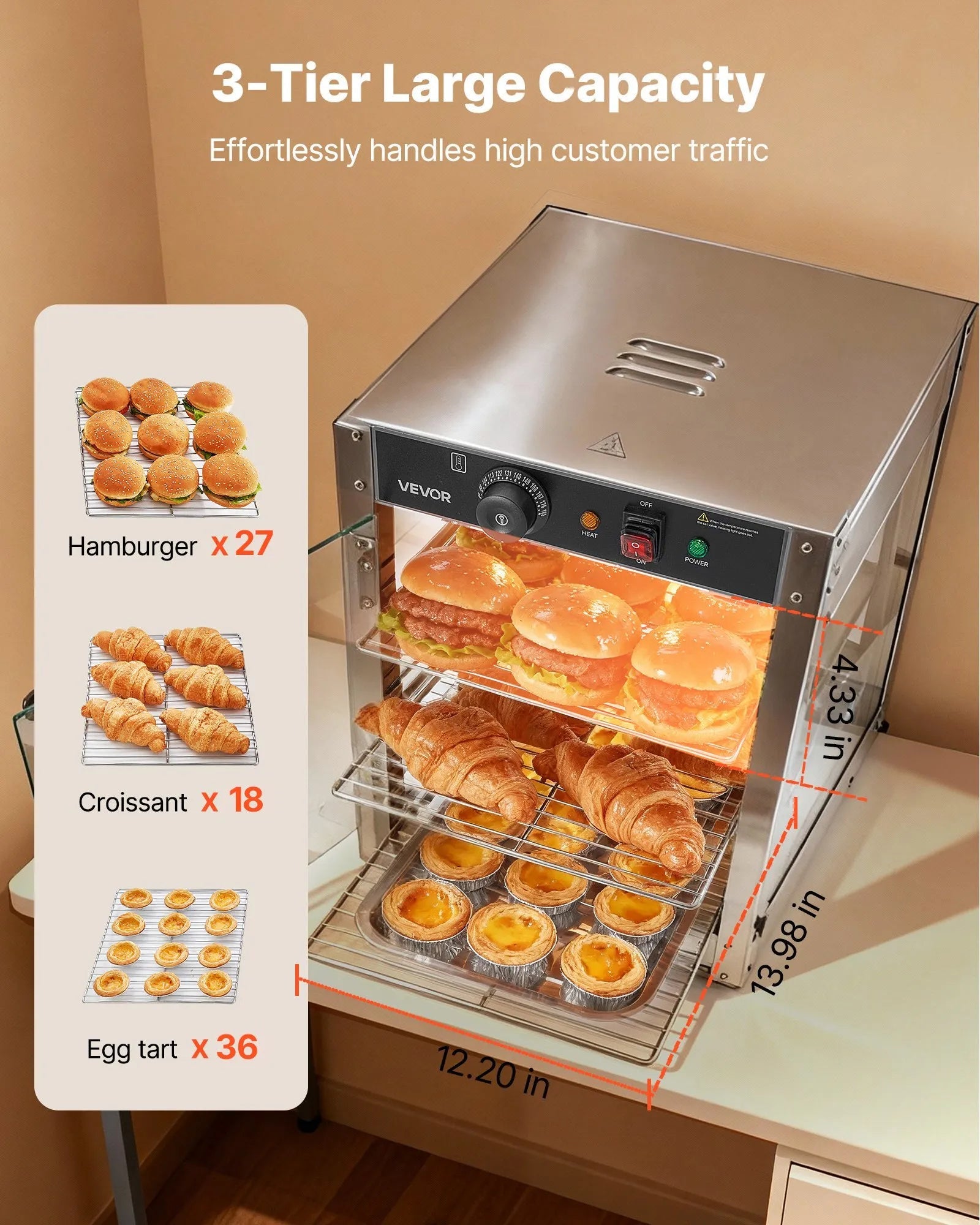 VEVOR 3-Tier Commercial Food Warmer Display, 800W Food Display Warmer with LED Light, Adjustable Shelf and Stainless Steel Frame, 86℉~185℉ Air Heating, 34L for Hamburger, Pizza, Bread, Fried Chicken