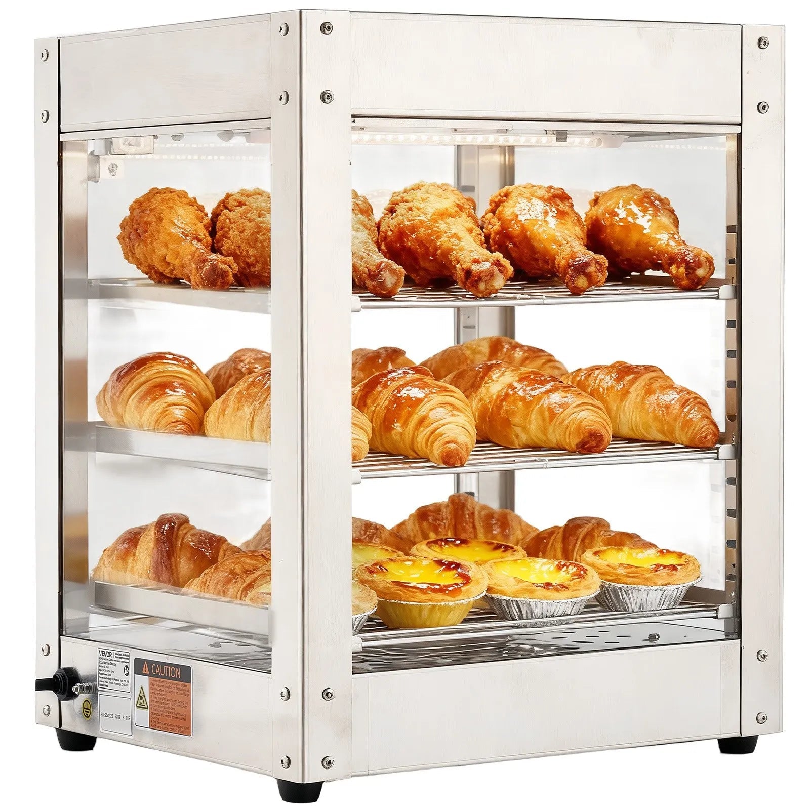VEVOR 3-Tier Commercial Food Warmer Display, 800W Food Display Warmer with LED Light, Adjustable Shelf and Stainless Steel Frame, 86℉~185℉ Air Heating, 34L for Hamburger, Pizza, Bread, Fried Chicken