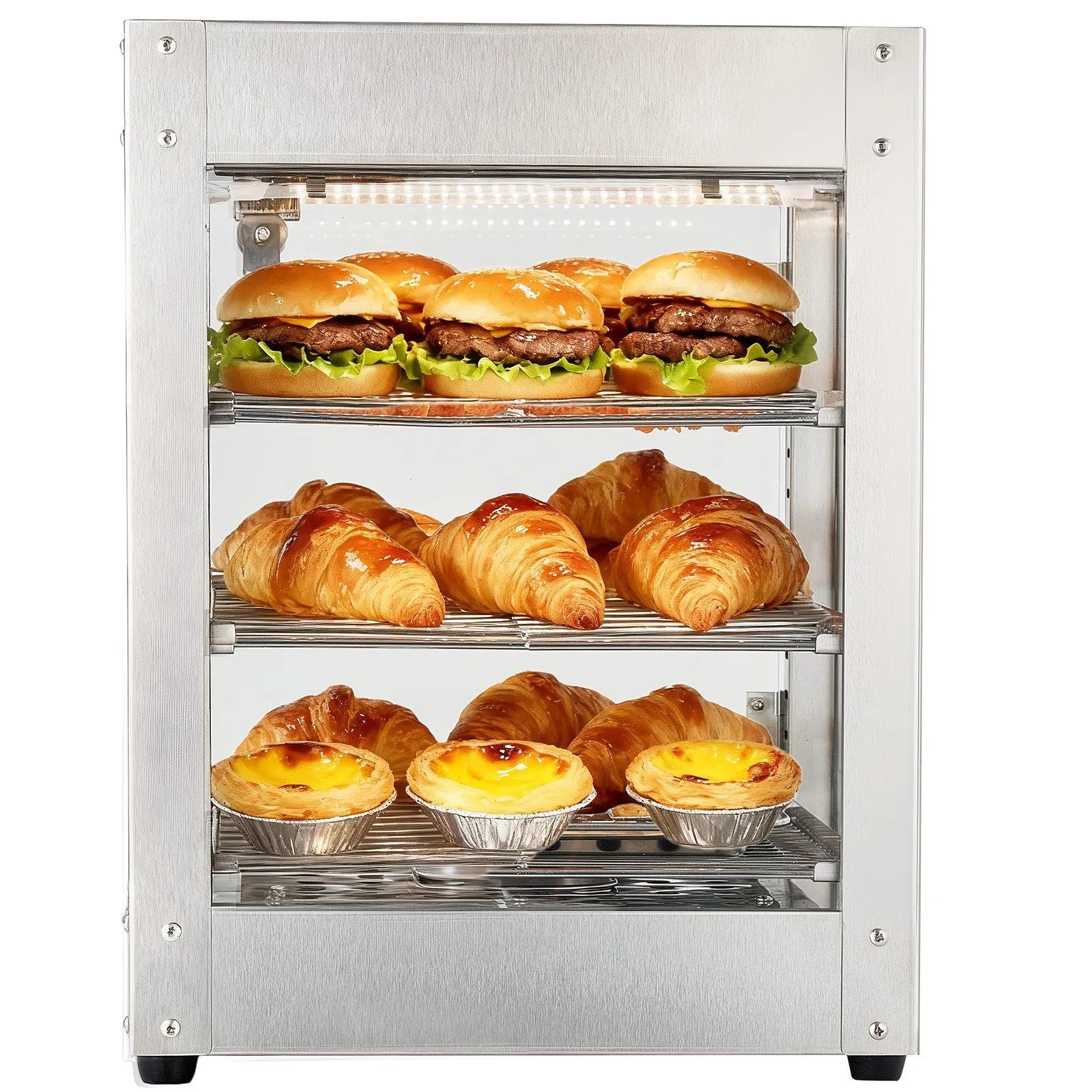 VEVOR 3-Tier Commercial Food Warmer Display, 800W Food Display Warmer with LED Light, Adjustable Shelf and Stainless Steel Frame, 86℉~185℉ Air Heating, 34L for Hamburger, Pizza, Bread, Fried Chicken