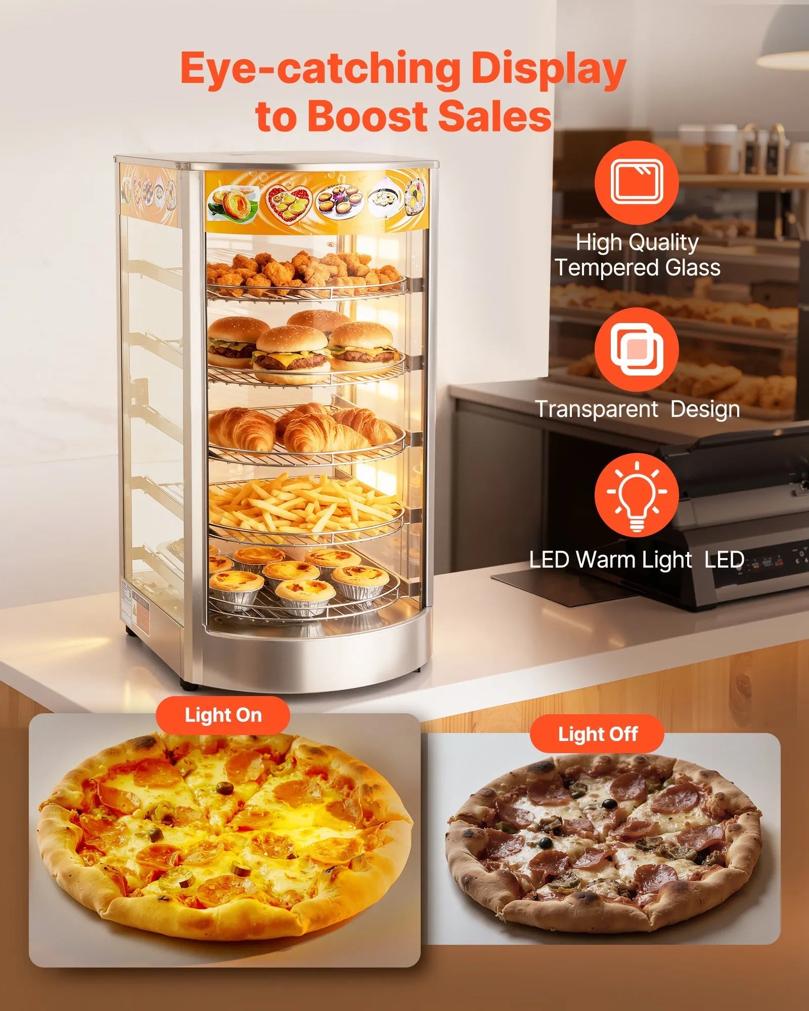 VEVOR 5-Tier Commercial Food Warmer Display, 800W Food Display Warmer with LED Light, Adjustable Shelf and Stainless Steel Frame, 86℉~185℉ Air Heating, 60L for Hamburger, Pizza, Bread, Fried Chicken