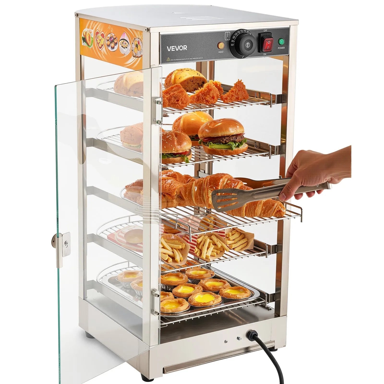 VEVOR 5-Tier Commercial Food Warmer Display, 800W Food Display Warmer with LED Light, Adjustable Shelf and Stainless Steel Frame, 86℉~185℉ Air Heating, 60L for Hamburger, Pizza, Bread, Fried Chicken