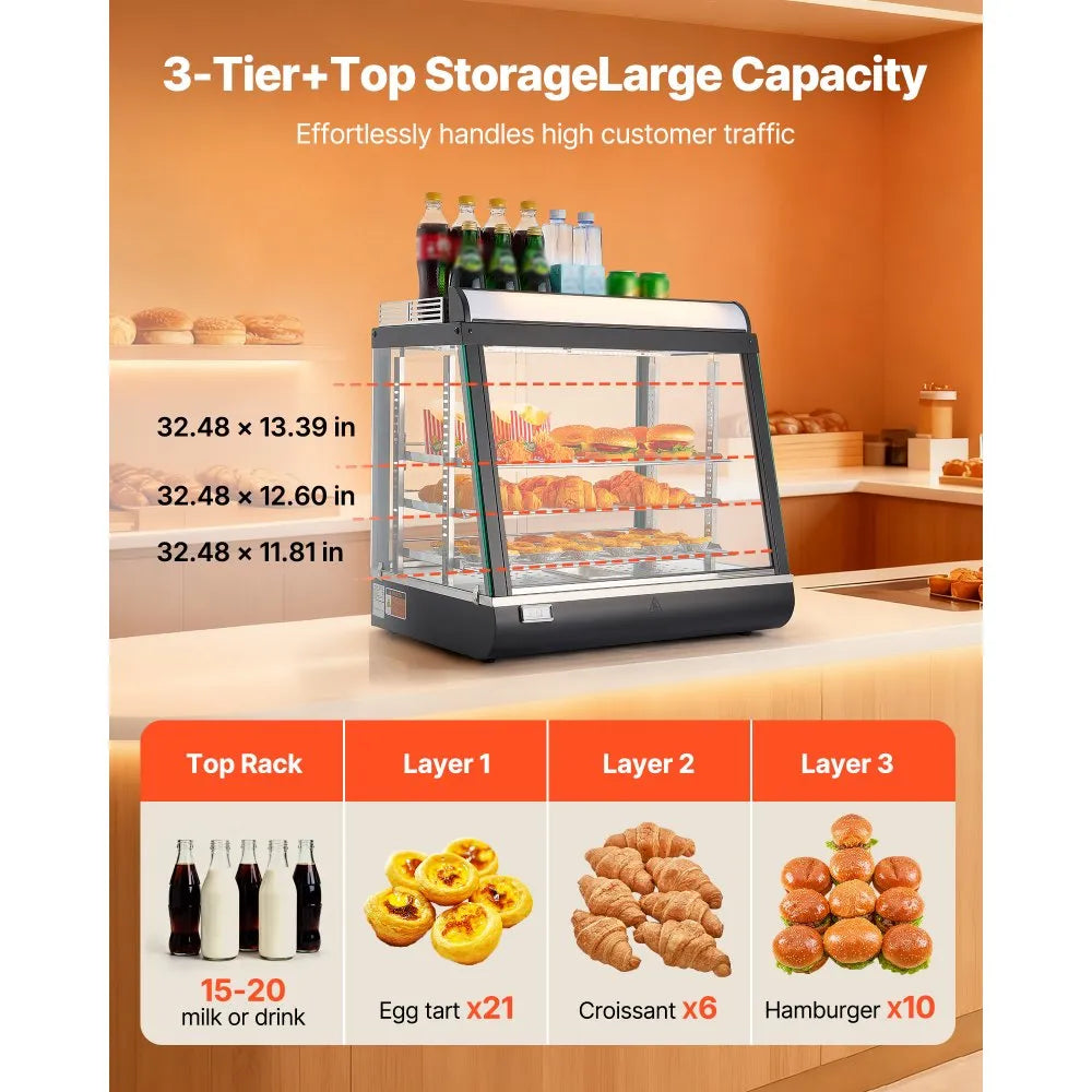 VEVOR 3-Tier Commercial Food Warmer Display, 1200W Food Display Warmer with LED Light, Top Storage and Adjustable Shelves, 86℉~185℉ Steam Heating, 75L for Hamburger, Pizza, Bread, Fried Chicken