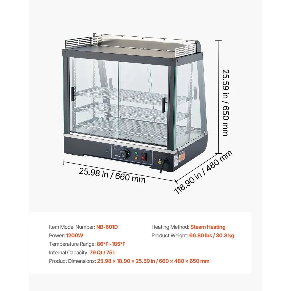 VEVOR 3-Tier Commercial Food Warmer Display, 1200W Food Display Warmer with LED Light, Top Storage and Adjustable Shelves, 86℉~185℉ Steam Heating, 75L for Hamburger, Pizza, Bread, Fried Chicken