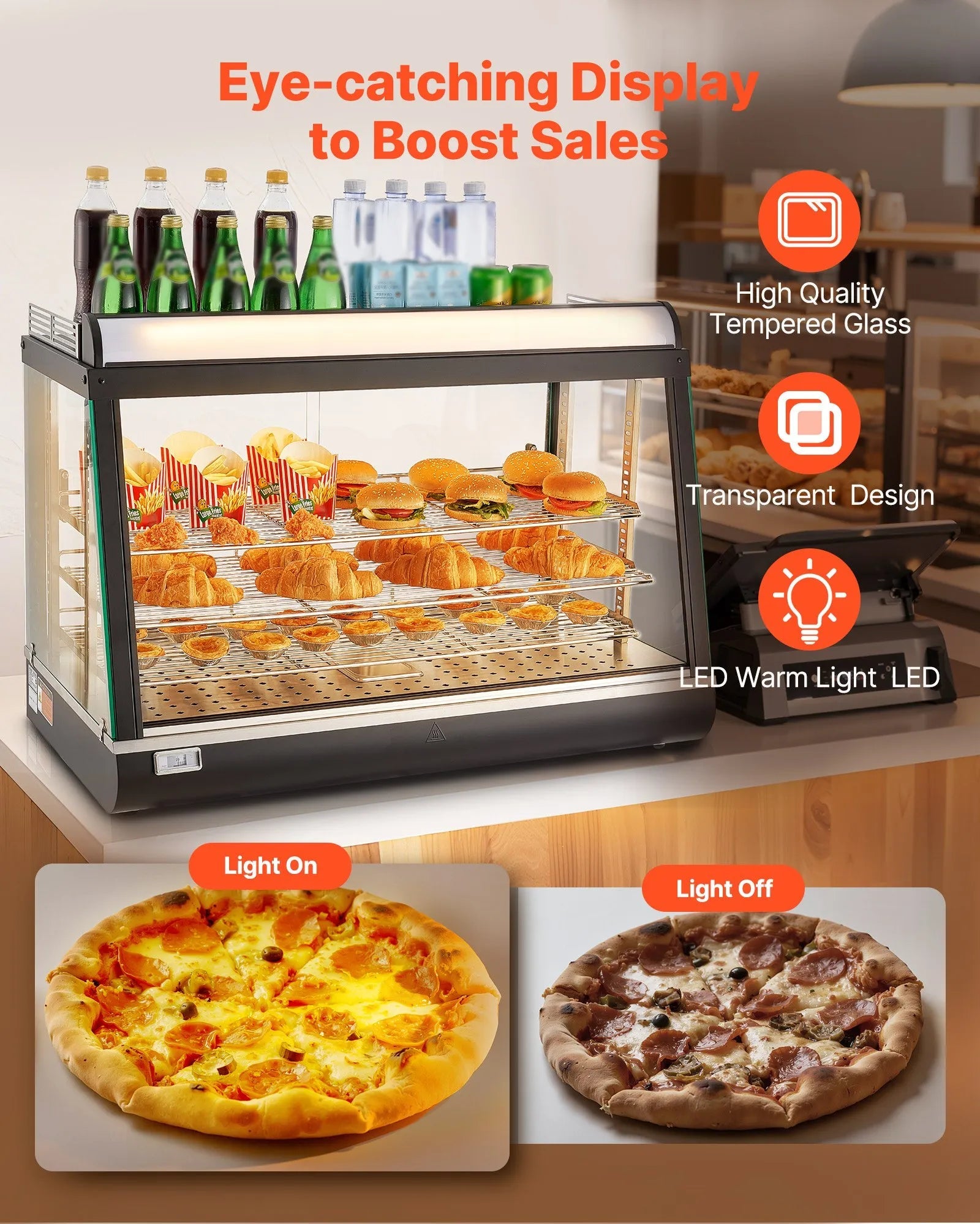 VEVOR 3-Tier Commercial Food Warmer Display, 1400W Food Display Warmer with LED Light, Top Storage and Adjustable Shelves, 86℉~185℉ Steam Heating, 105L for Hamburger, Pizza, Bread, Fried Chicken