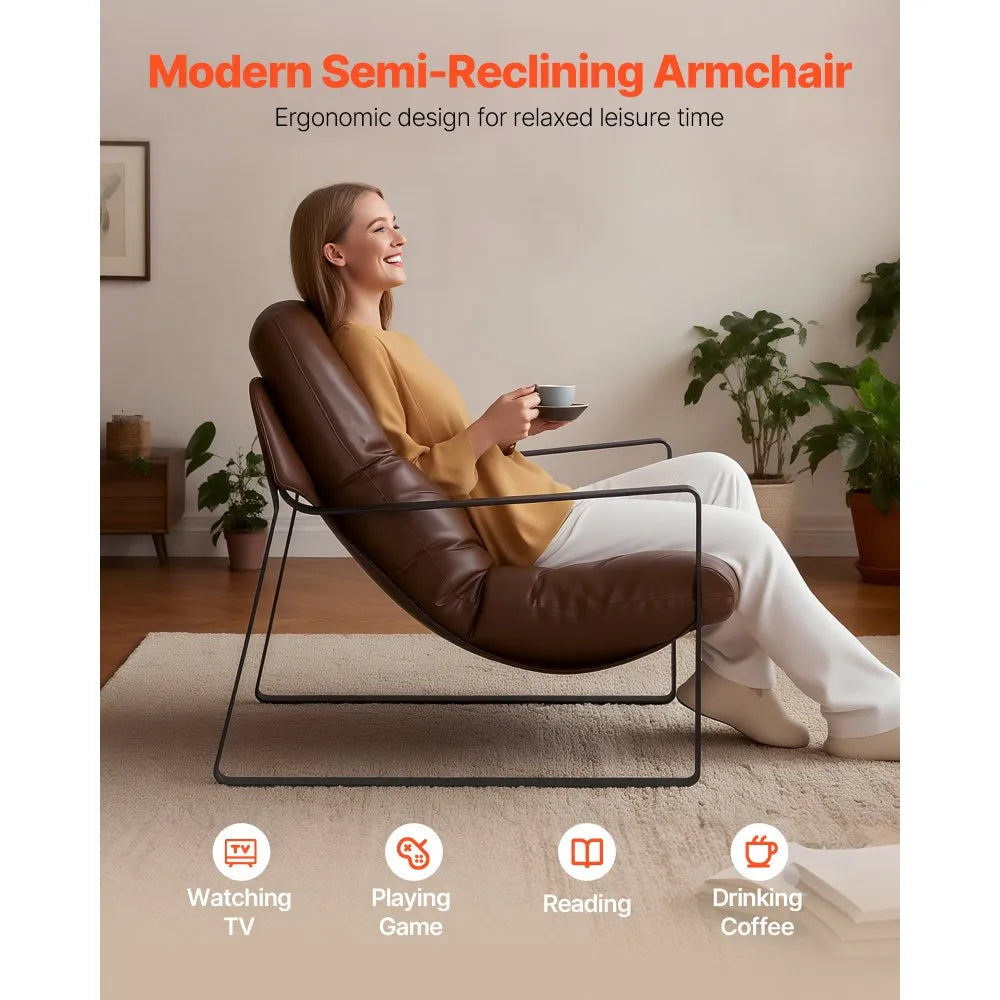 Modern Brown PU Leather Accent Chair Upholstered Armchair with Metal Frame Cushion Lounge Chair