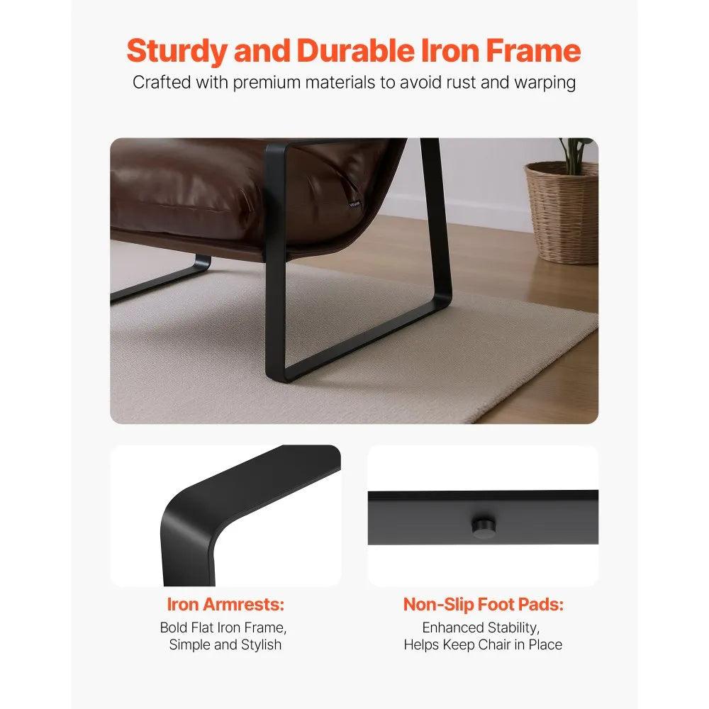 Modern Brown PU Leather Accent Chair Upholstered Armchair with Metal Frame Cushion Lounge Chair