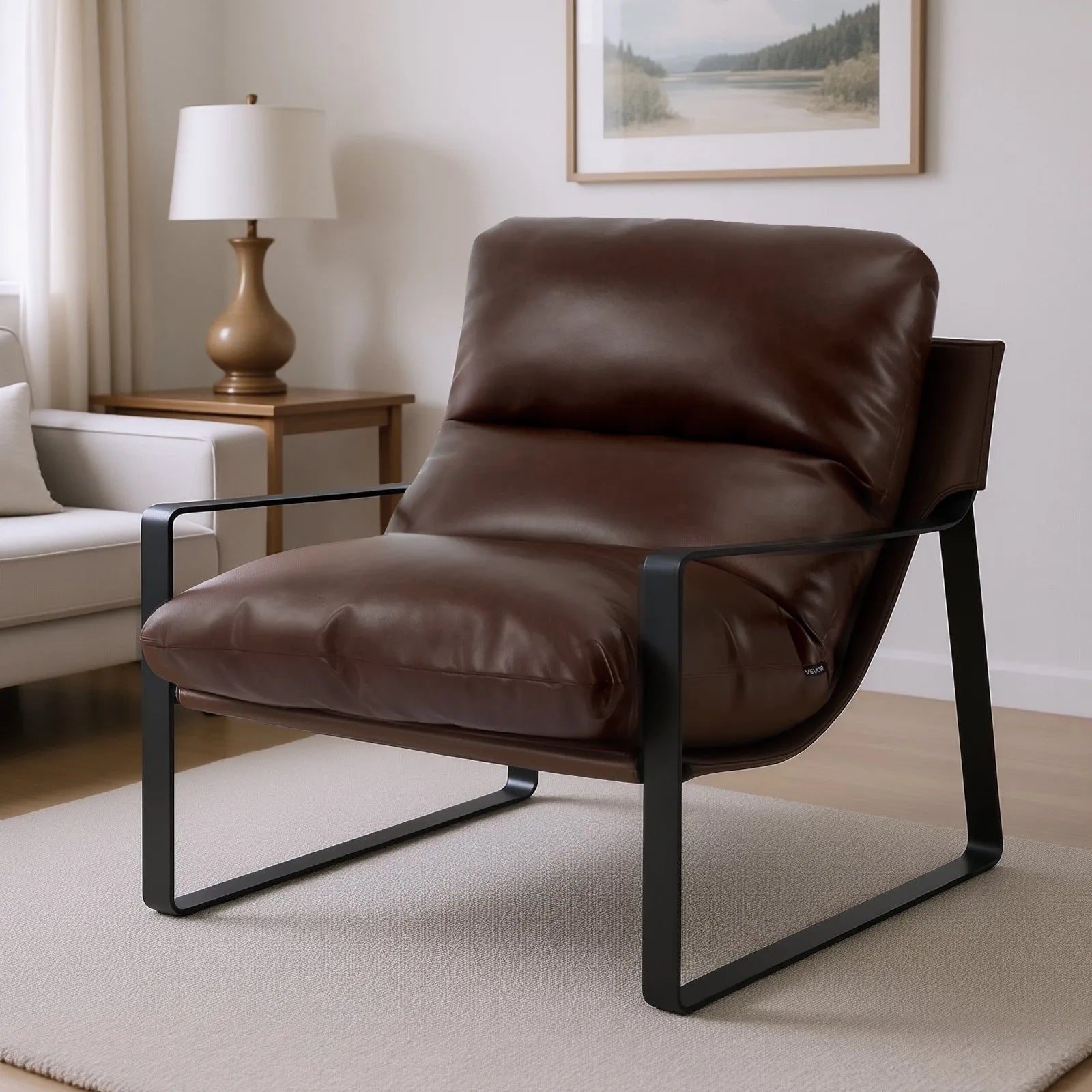 Modern Brown PU Leather Accent Chair Upholstered Armchair with Metal Frame Cushion Lounge Chair