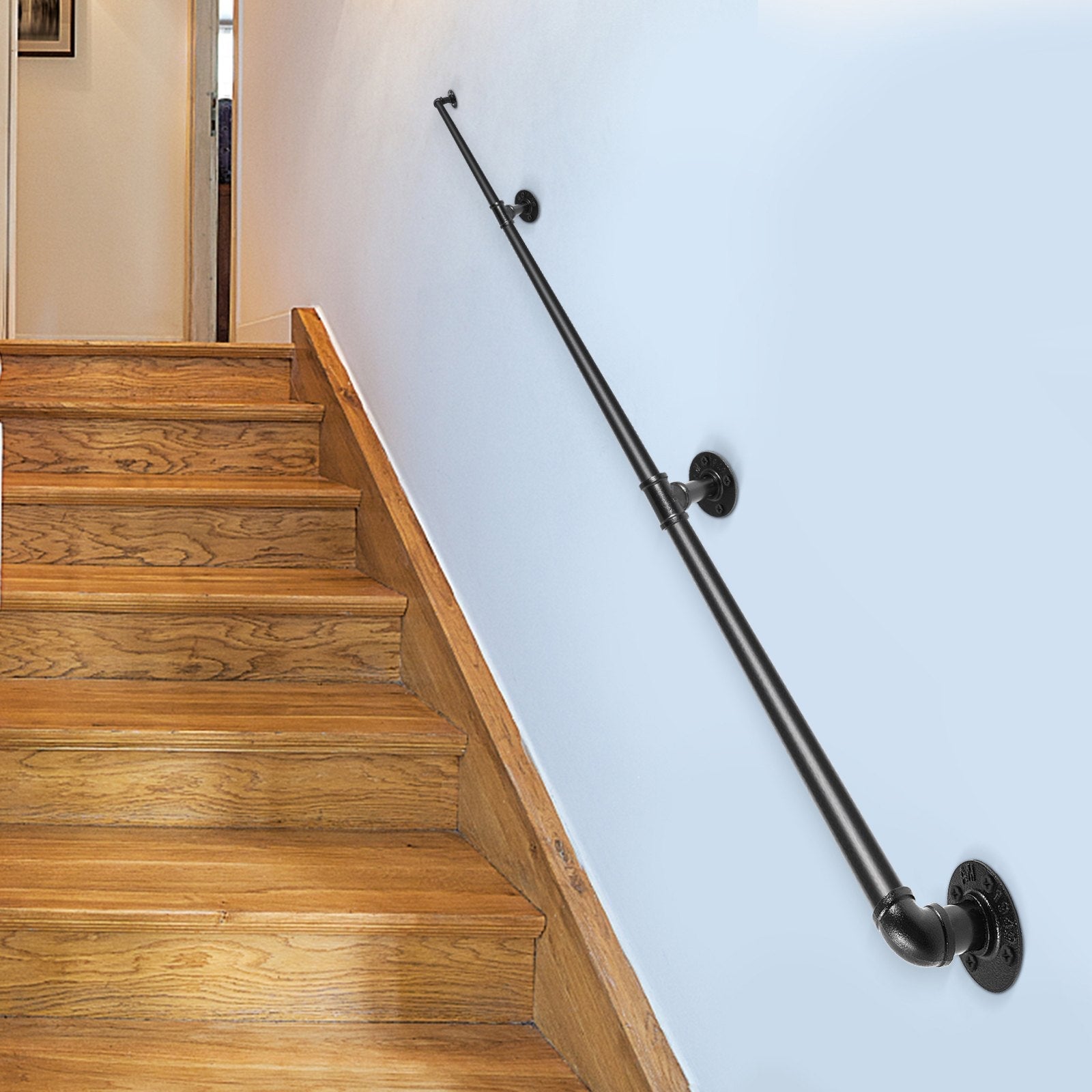 VEVOR Pipe Stair Handrail, 10FT Staircase Handrail, 440LBS Load Capacity Carbon Steel Pipe Handrail, Industrial Pipe Handrail with Wall Mount Support, Round Corner Wall Handrailing for Indoor, Outdoor
