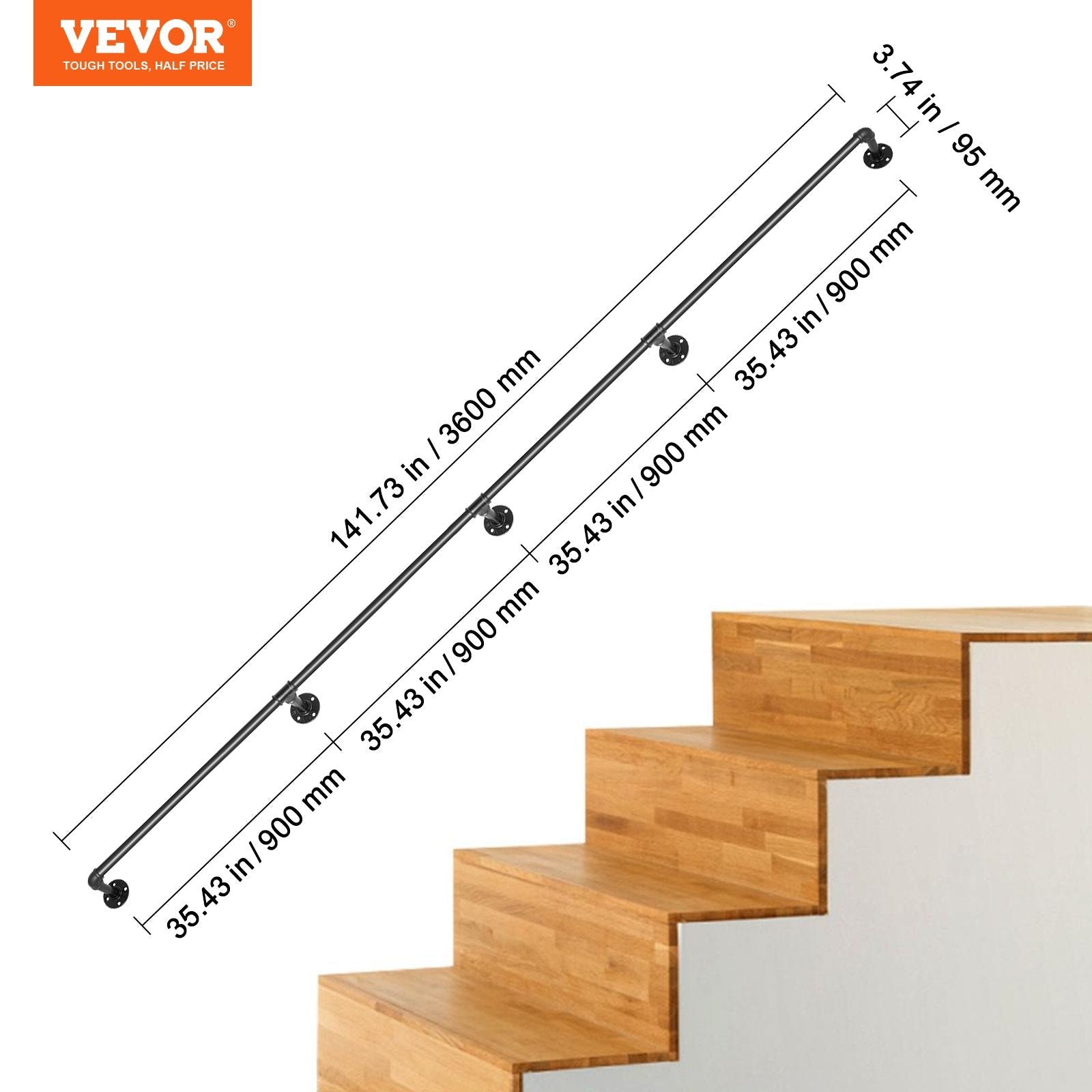 VEVOR Pipe Stair Handrail, 12FT Staircase Handrail, 440LBS Load Capacity Carbon Steel Pipe Handrail, Industrial Pipe Handrail with Wall Mount Support, Round Corner Wall Handrailing for Indoor, Outdoor